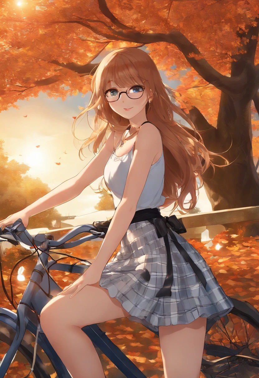 black brown hair、Red-blonde、blue eyes、Braid、one good looking girl、solo、anime、Plaid miniskirt、camisole、black t-shirt、Tilting your face、Doing the ribbon、Ribbon at waist、sunset sky、stone stairs、petal、tunnel、Fallen leaves、wearing glasses、、Riding a bicycle、Burning、Have an insect net、Light and shadow