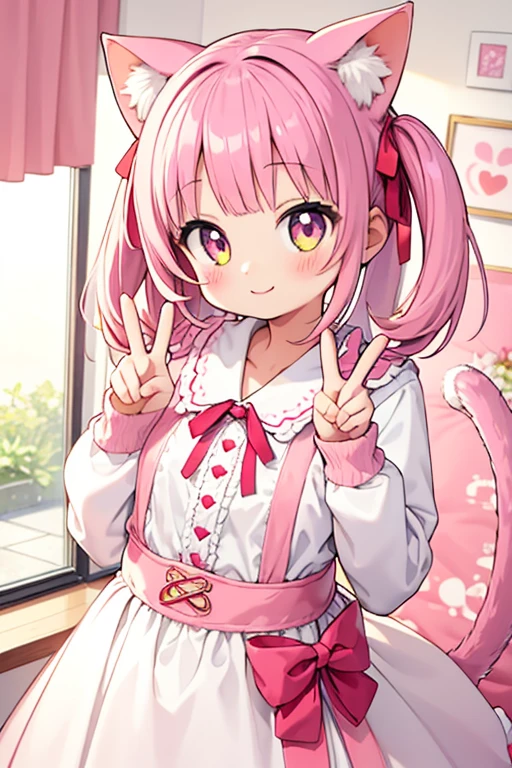 1girl,cat girl,animal tail,looking at viewer,smile,peace sign,pink kawaii room,heart item,ribbon,standing,upper body,