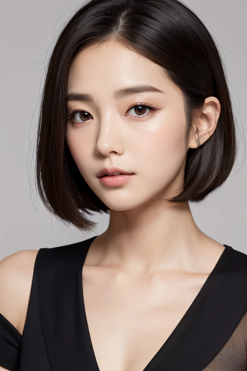 Kpop idol , small nose , small lips , short dark hairs , B boobs , slim body