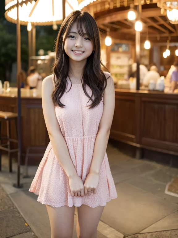 17 year old girl、smile、realistic、live action、high quality、1 woman、Are standing、full body、full nude、(8K、Raw photo、最high quality、masterpiece:1.2)、(realistic、Photoreal:1.37)、super detailed、1 girl、cute、solo、beautiful and detailed sky、Detailed cafe、night、Are standing、date、(blush of the nose)、(laughter:1.1)、(closed your mouth)、small breasts、魅惑的なsmile、nightの遊園地、merry-go-round、professional lighting、Sony α7R4、Zessie 50mm F1.8、
