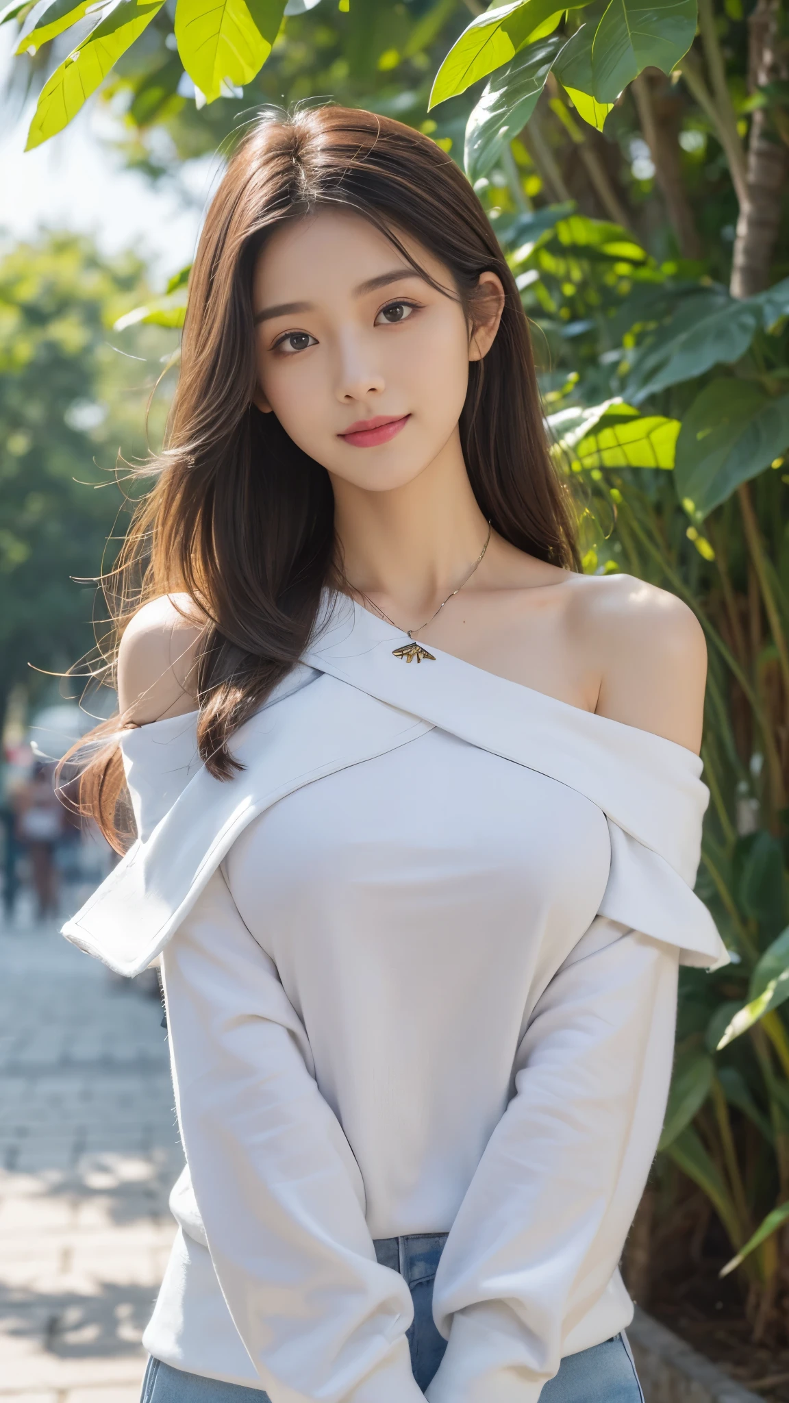 ((top quality, 8 thousand, masterpiece:1.3)), (Concentrate upon:1.2), (perfect body beauty:1.4), ((delicate hair)), Highly detailed face and skin textures, Fair eyes, double eyelid, shiny skin, smile, wear a necklace, Glossy face, small face, (tits huge:1.4), 20 years, beautiful smile, (open shoulder sweats:1.4), (Famous tourist attractions in Bali), (F Racing Trek:1.4), hair blowing in the wind, (slipper), My chest is only half visible,