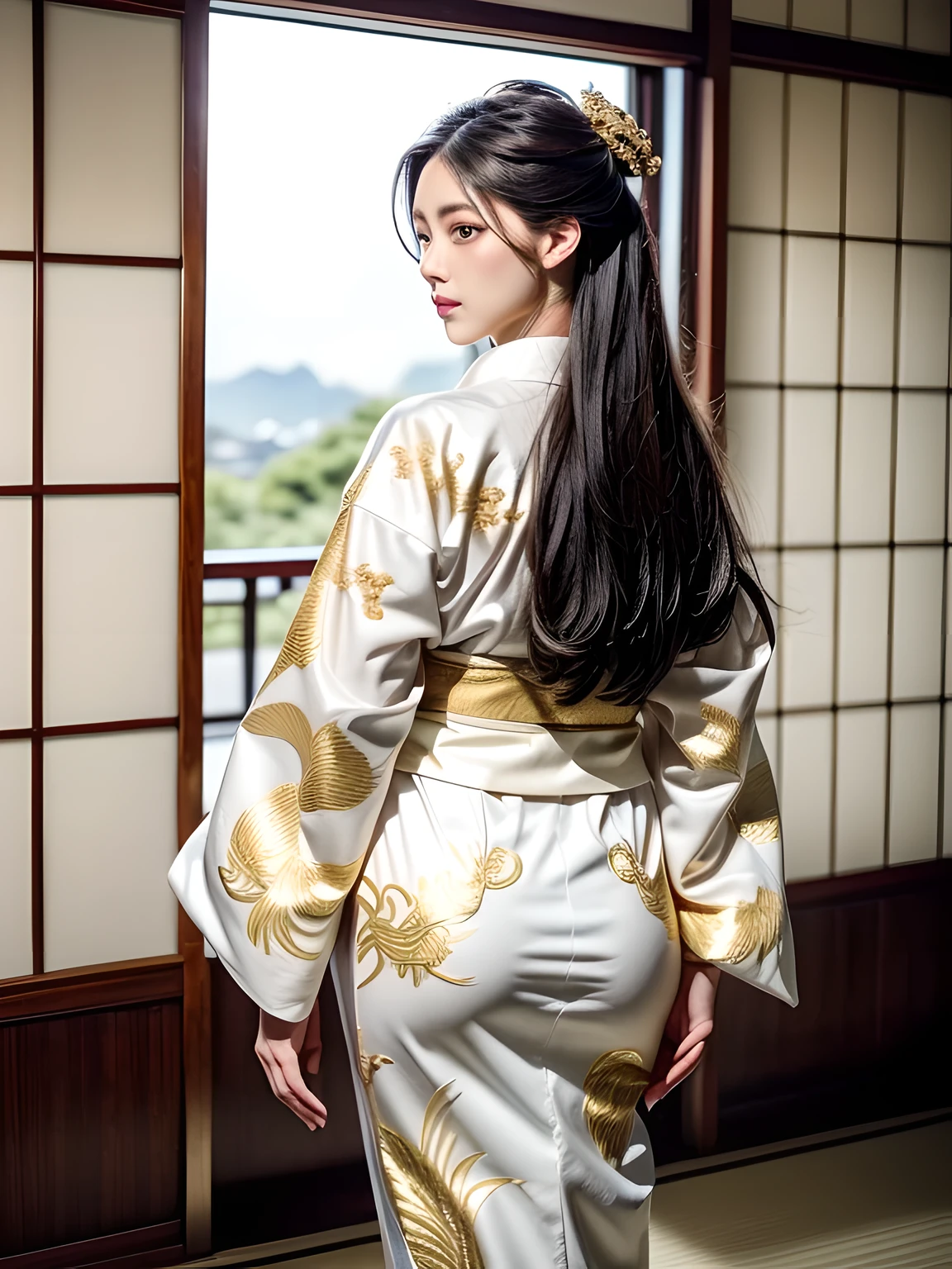 (Beautiful model in Japanese kimono commercial, beautiful straight long black hair), alone, ((face is 80% beauty and elegance, 20% pretty and cute:1.5)), clear eyes, (fine eyes, light green eyes, bright pupils), double eyelid, (Slightly thick and sexy lips:1.2), ((Super detailed and incredibly high resolution Deep-white Kimono:1.2)), Highly detailed facial texture, impressive body shape, curvaceous and very attractive woman, High resolution RAW color photography professional photography, break ultra high-resolution textures, High resolution body rendering, Big eyes, an unparalleled masterpiece, incredible high resolution, Super detailed, stunning ceramic skin, break ((Turn around to show the pattern of the kimono:1.5)), ((She wears a white kimono with plenty of glittering gold embroidery of a rising dragon.。:1.5)), ((The embroidery of the rising dragon on the white kimono is very dazzling.:1.2)), ((not wearing an obi:1.2)), (A carefully crafted sensual Japanese kimono), ((The embroidery pattern is a Chinese dragon rising to the sky.):1.2), ((White kimono with elaborate and elegant decorations)), (Photographed in front of the round sliding sliding window in a Japanese-style room)) break ((highest quality, 8K)), sharp focus:1.2, (layer cut, big:1.2), (beautiful woman with perfect figure:1.4), (Beautiful and elegant rear view:1.3), thin waist, (correct hand shape:1.5), (full body shot | cowboy shot)