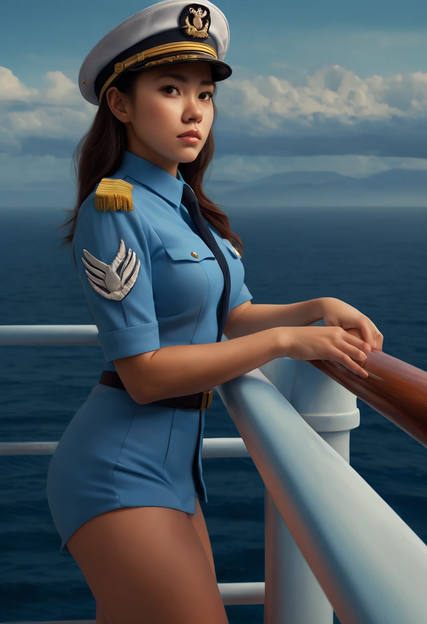 a female captain Leaning on the ship railing, by rhads and Miki Asai, (best quality, masterpiece, Representative work, official art, Professional, 8k)