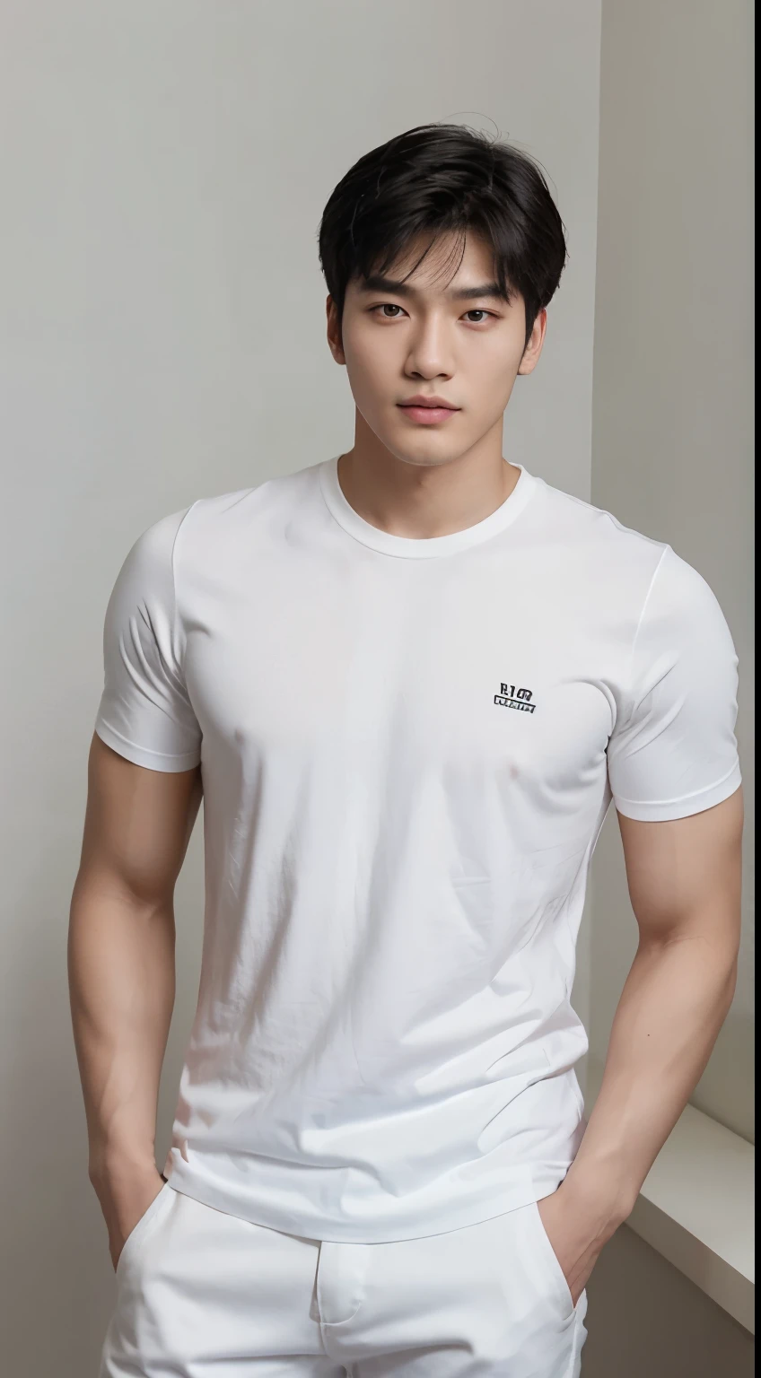 Young Korean man, 18 years old, Xiao Zhan, handsome, good figure, big muscles, black hair, bright black eyes, narrow eyes, thin lips, 180 cm tall, no shirt... Good figure, wears white shorts. The face is detailed and sharp. Photo taken with a Canon 50k camera. White and pink skin. Face looks Asian. Sharp face.