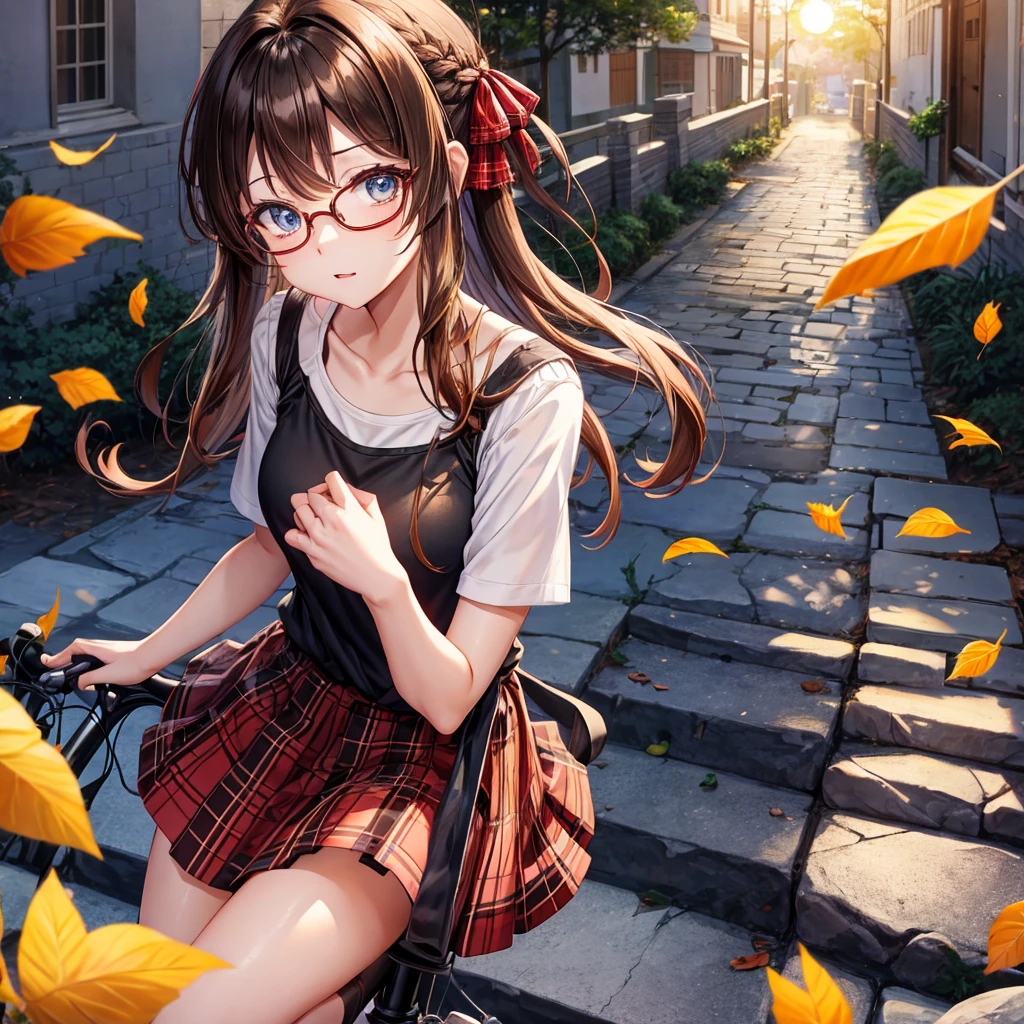 black brown hair、Red-blonde、blue eyes、Braid、one good looking girl、solo、anime、Plaid miniskirt、camisole、black t-shirt、Tilting your face、Doing the ribbon、Ribbon at waist、sunset sky、stone stairs、petal、tunnel、Fallen leaves、wearing glasses、、Riding a bicycle、Burning、Have an insect net、Light and shadow