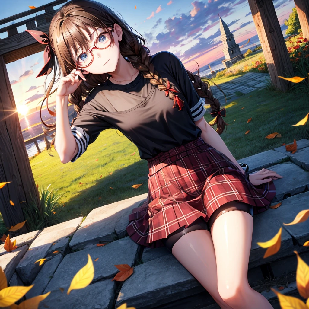 black brown hair、Red-blonde、blue eyes、Braid、one good looking girl、solo、anime、Plaid miniskirt、camisole、black t-shirt、Tilting your face、Doing the ribbon、Ribbon at waist、sunset sky、stone stairs、petal、tunnel、Fallen leaves、wearing glasses、、Riding a bicycle、Burning、Have an insect net、Light and shadow