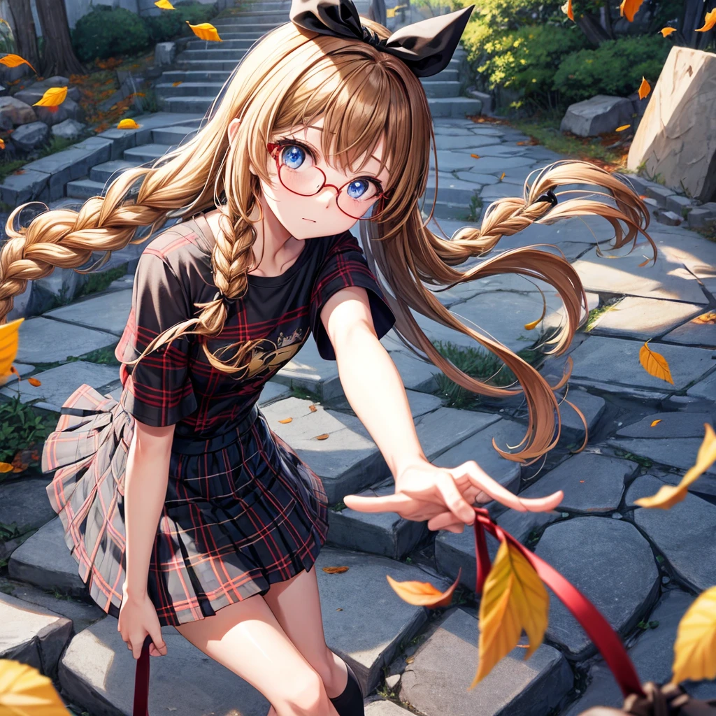 black brown hair、Red-blonde、blue eyes、Braid、one good looking girl、solo、anime、Plaid miniskirt、camisole、black t-shirt、Tilting your face、Doing the ribbon、Ribbon at waist、sunset sky、stone stairs、petal、tunnel、Fallen leaves、wearing glasses、、Riding a bicycle、Burning、Have an insect net、Light and shadow