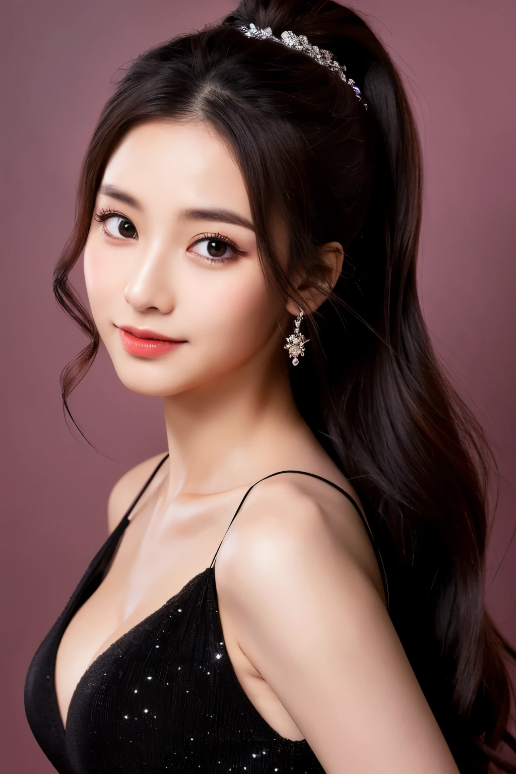 A woman with long hair wearing a black dress and a tia - SeaArt AI