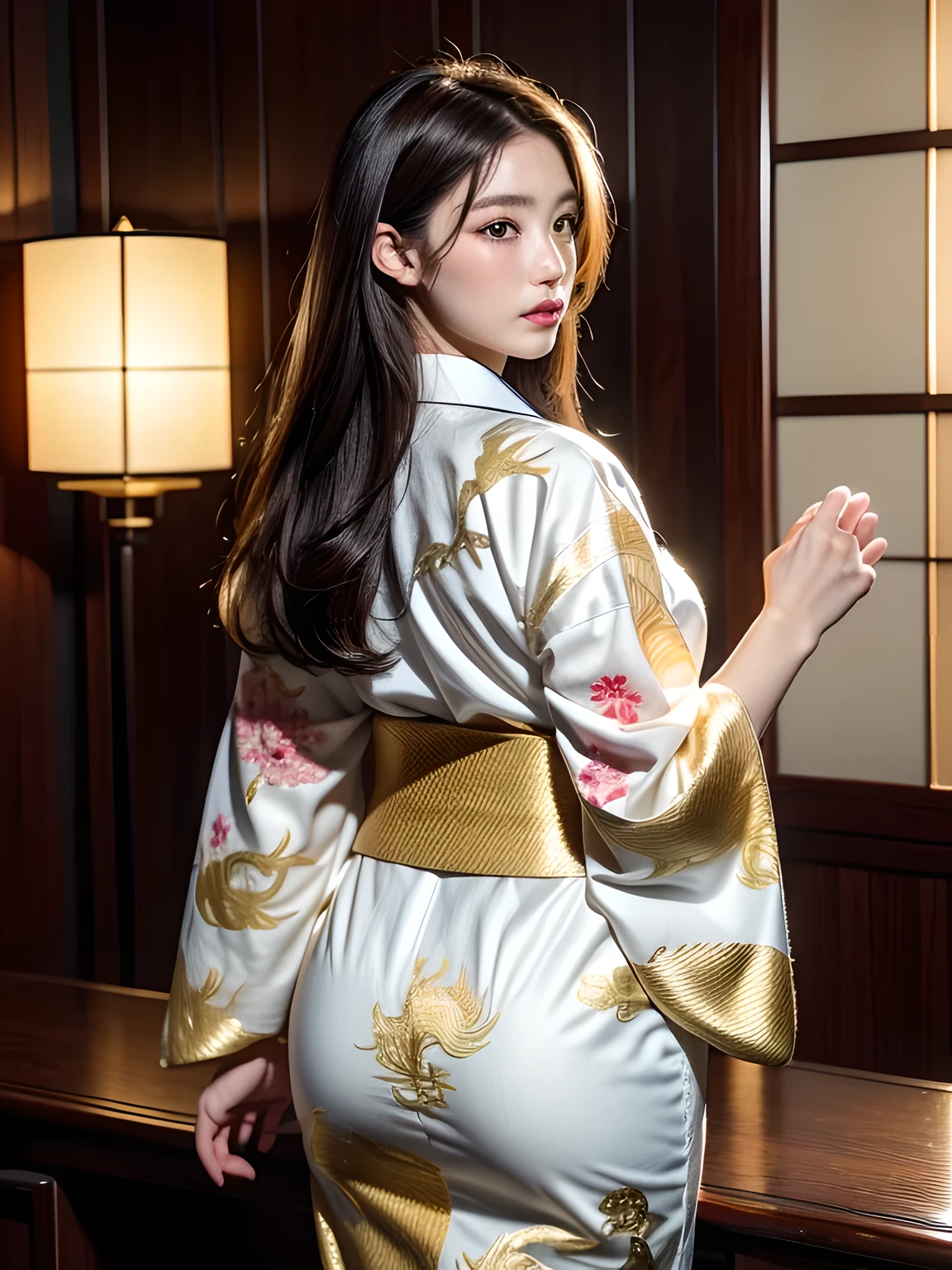 (Beautiful model in Japanese kimono commercial, beautiful straight long black hair), alone, ((face is 80% beauty and elegance, 20% pretty and cute:1.5)), clear eyes, (fine eyes, light green eyes, bright pupils), double eyelid, (Slightly thick and sexy lips:1.2), ((Super detailed and incredibly high resolution Deep-white Kimono:1.2)), Highly detailed facial texture, impressive body shape, curvaceous and very attractive woman, High resolution RAW color photography professional photography, break ultra high-resolution textures, High resolution body rendering, Big eyes, an unparalleled masterpiece, incredible high resolution, Super detailed, stunning ceramic skin, break ((Turn around to show the pattern of the kimono:1.5)), ((She wears a white kimono with plenty of glittering gold embroidery of a rising dragon.。:1.5)), ((The embroidery of the rising dragon on the white kimono is very dazzling.:1.2)), (A carefully crafted sensual Japanese kimono), ((The embroidery pattern is a Chinese dragon rising to the sky.):1.2), ((White kimono with elaborate and elegant decorations)), (Photographed in front of the round sliding sliding window in a Japanese-style room)), break ((highest quality, 8K)), sharp focus:1.2, (layer cut, big:1.2), (beautiful woman with perfect figure:1.4), (Beautiful and elegant rear view:1.3), thin waist, (correct hand shape:1.5), (full body shot | cowboy shot)