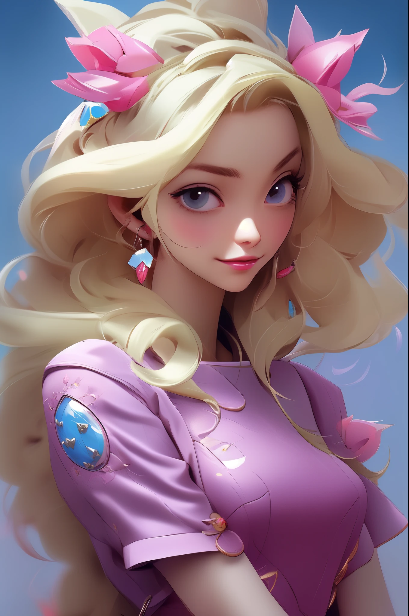 (NIJIFTB), Yellow hair, and long hair, and a cartoon character wearing glasses, Wearing red armor and pink earrings, and a blue dress with pink flowers on the shoulders.,