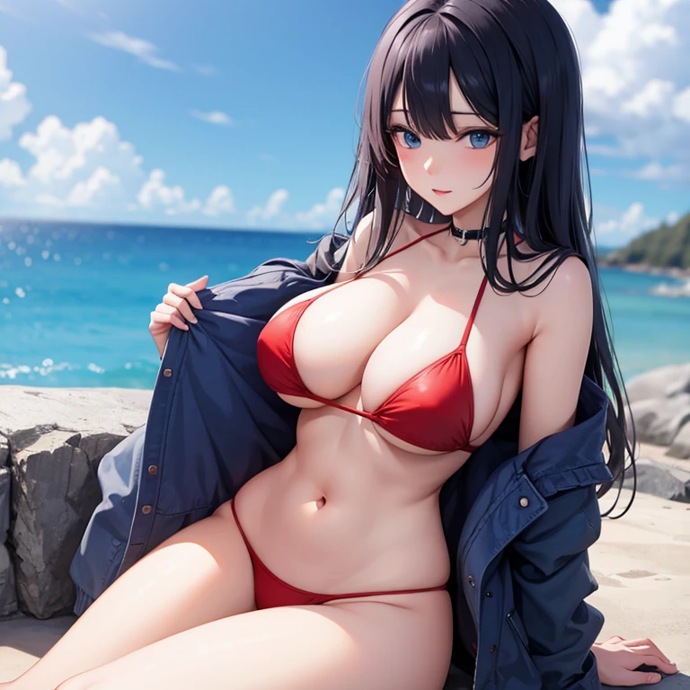 Black hair, blue eyes, large breast, sexy, beautiful body, (red bikini), bed