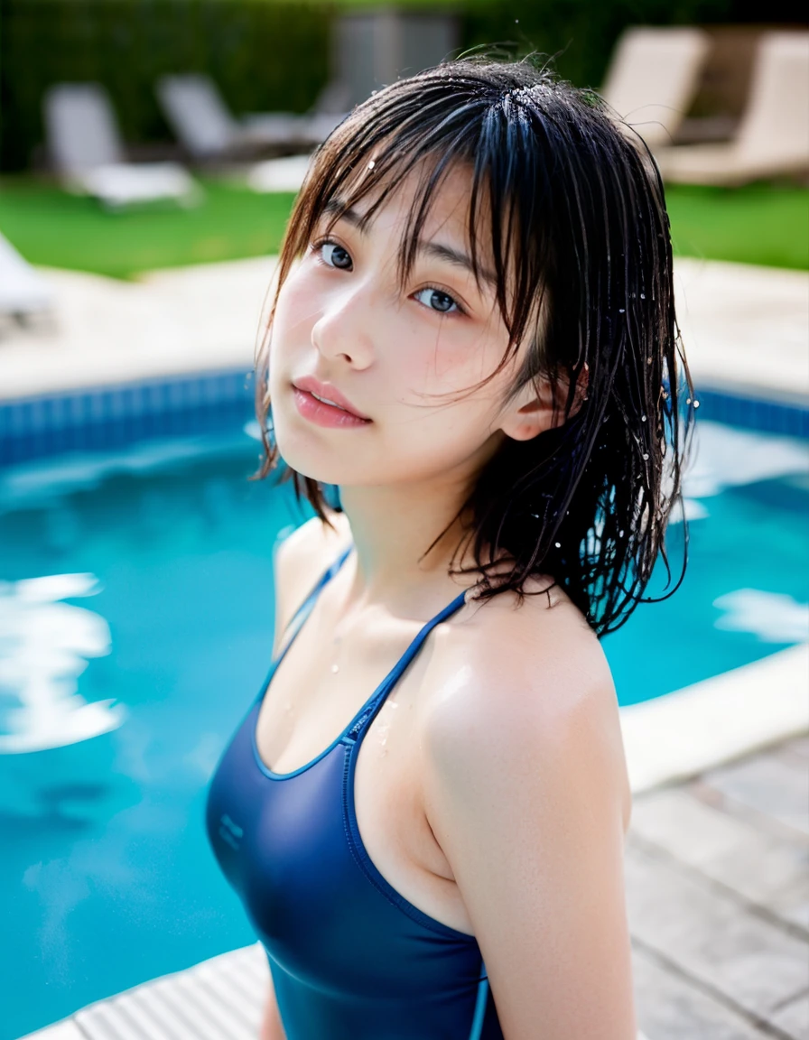 Japanese、Beautiful girl wearing a plain swimsuit、、stand by the pool、wet hair、