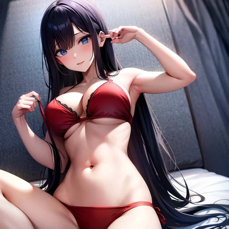Black hair, blue eyes, large breast, sexy, beautiful body, (red bikini), bed