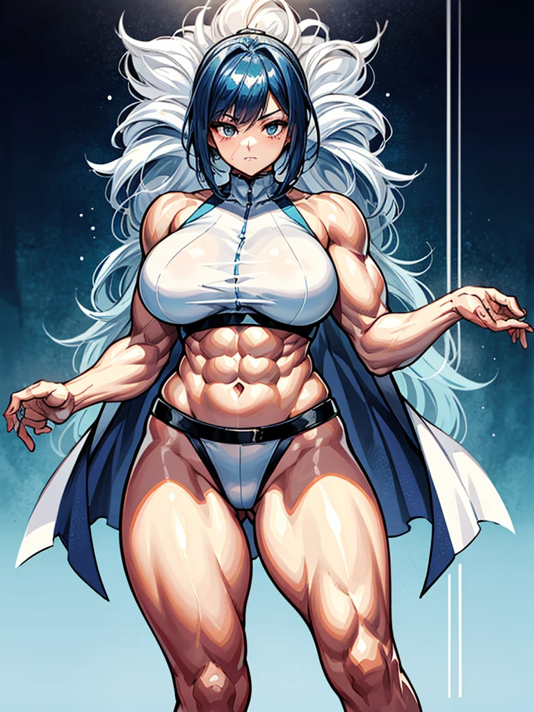 （（（masterpiece、Highest image quality、highest quality、highly detailed unity 8ｋwallpaper）））、（（Illustration of one girl））、（（（beautiful girl）））、blue hair、stocky build, thickset physique：1.3, muscular legs, broad shoulders, solid chest、（（（big breasts）））、white clothes