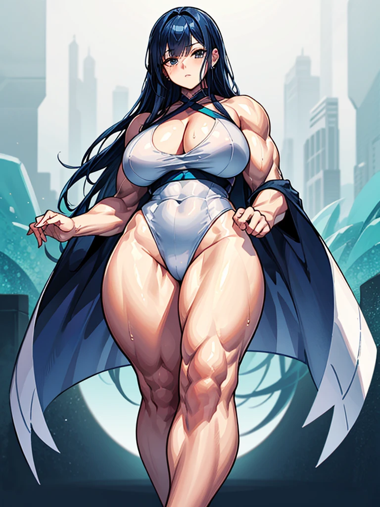 (((masterpiece、Highest image quality、highest quality、highly detailed unity 8kwallpaper)))、((Illustration of one girl))、(((beautiful girl)))、blue hair、stocky build, thickset physique:1.3, muscular legs, broad shoulders, solid chest、(((big breasts)))、white clothes