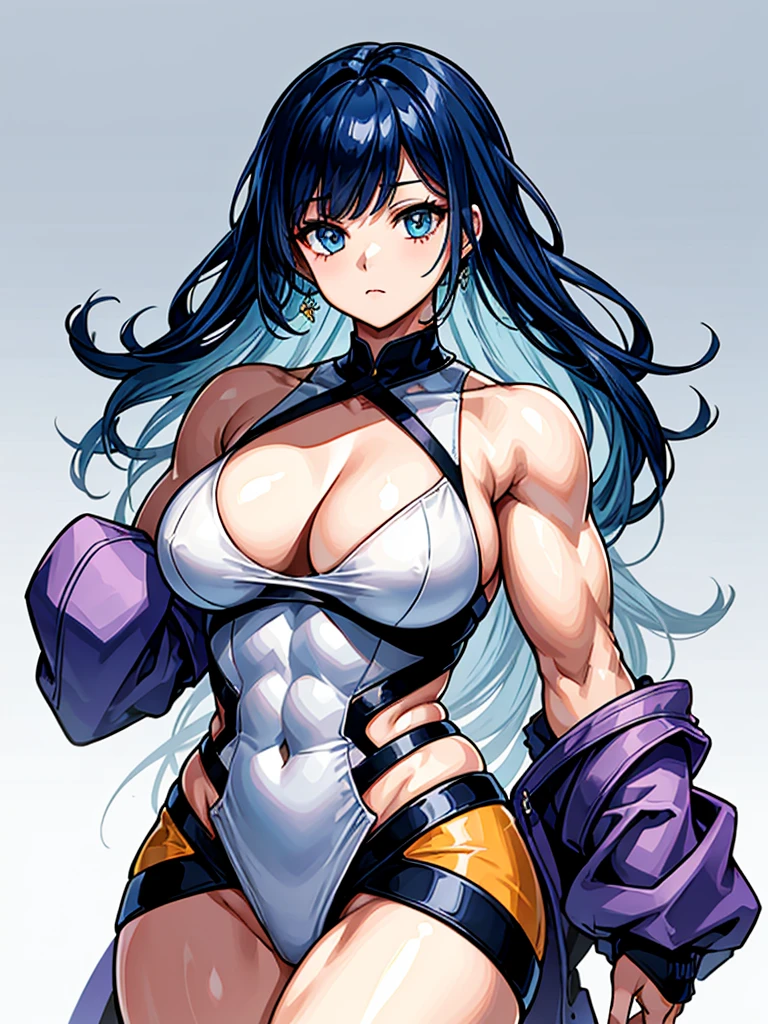 (((masterpiece、Highest image quality、highest quality、highly detailed unity 8kwallpaper)))、((Illustration of one girl))、(((beautiful girl)))、blue hair、stocky build, thickset physique:1.3, muscular legs, broad shoulders, solid chest、(((big breasts)))、white clothes