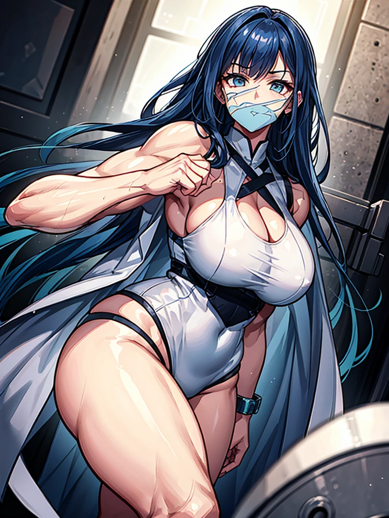 （（（masterpiece、Highest image quality、highest quality、highly detailed unity 8ｋwallpaper）））、（（Illustration of one girl））、（（（beautiful girl）））、blue hair、stocky build, thickset physique：1.3, muscular legs, broad shoulders, solid chest、（（（big breasts）））、white clothes