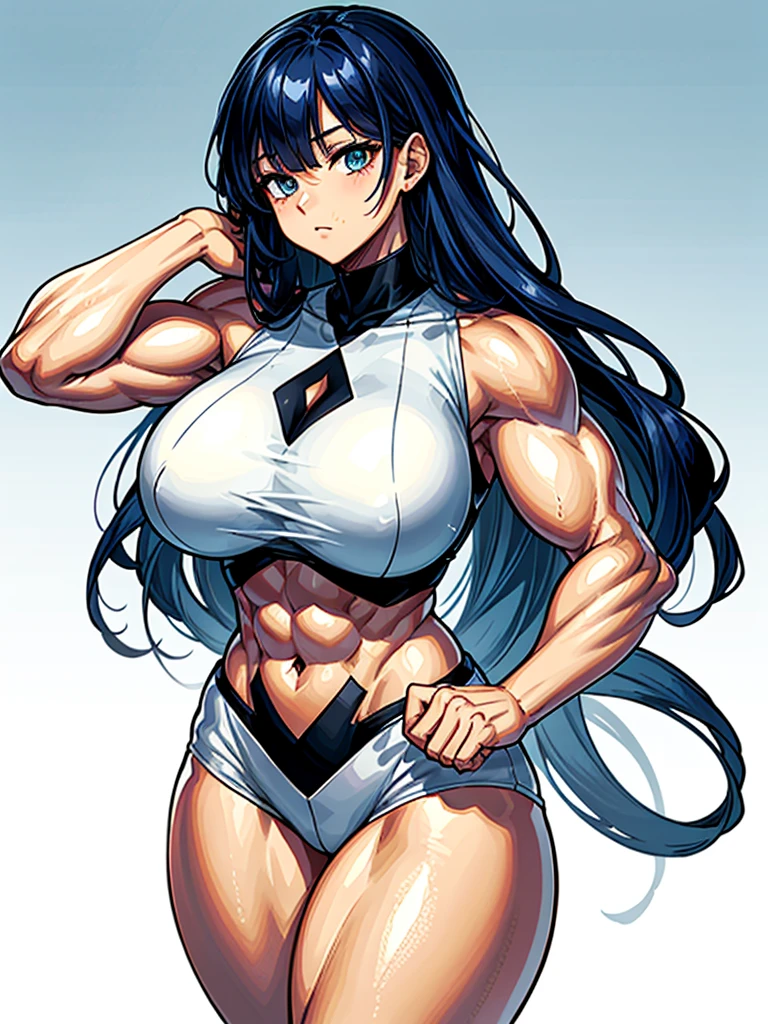 (((masterpiece、Highest image quality、highest quality、highly detailed unity 8kwallpaper)))、((Illustration of one girl))、(((beautiful girl)))、blue hair、stocky build, thickset physique:1.3, muscular legs, broad shoulders, solid chest、(((big breasts)))、white clothes