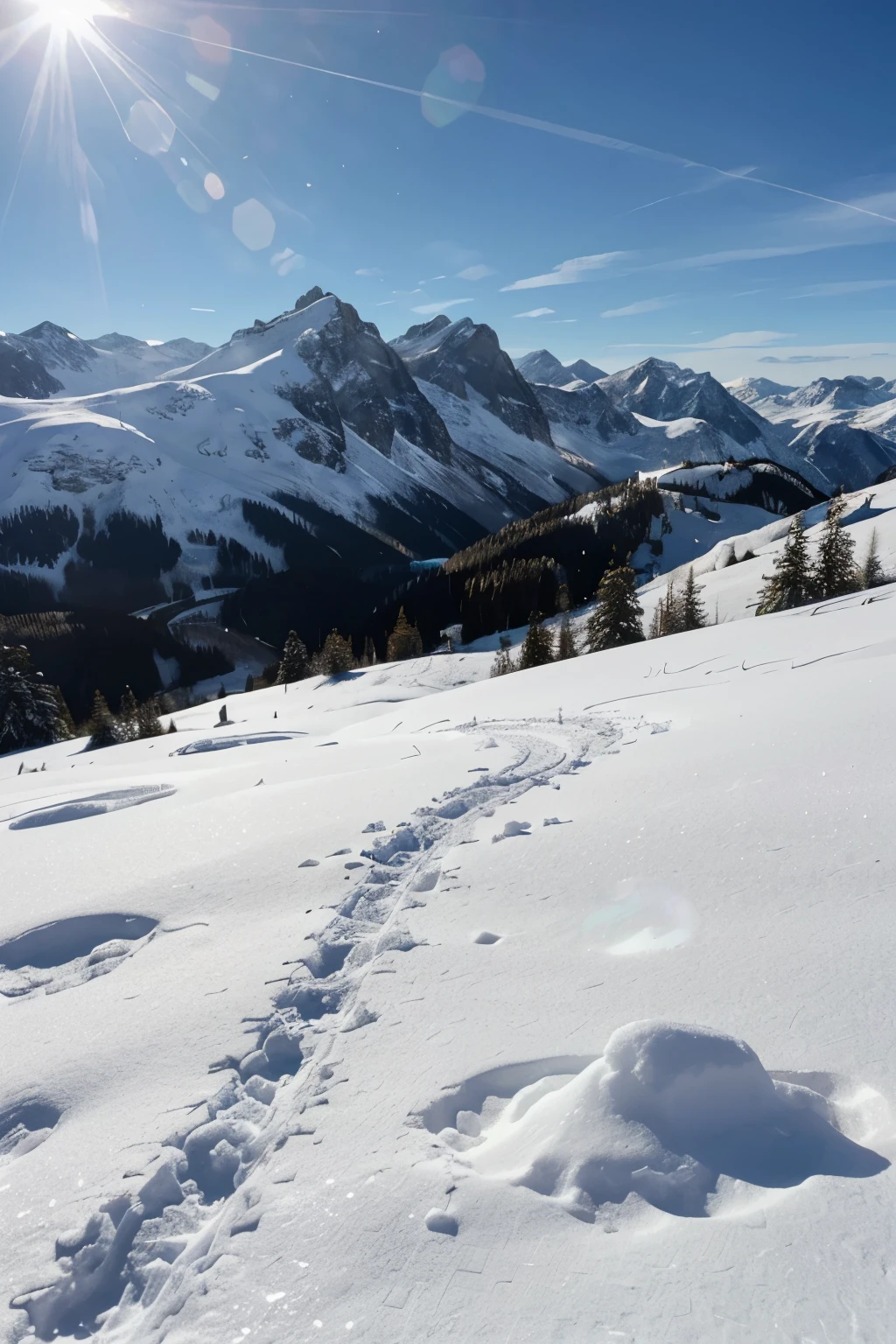untouched snow, glitzernde Sonne, Berge im Hintergrund, eine Skispur perfekt gerundet, Spur von Skien nicht von Schuhen