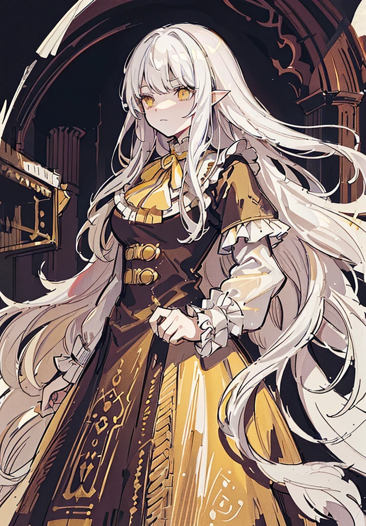 (((white long hair))), yellow eyes, fluffy hair, bangs, protruding hair, alone, alone, library, rejection, d&d, black clothes, red clothing elements, ((fantasy style, dungeon & dragon, fantasy, aristocratic clothes, victorian style, victorian clothing)), frills,dark yellow lace cuffs, dark yellow frills, (((sketch, sketch style)))