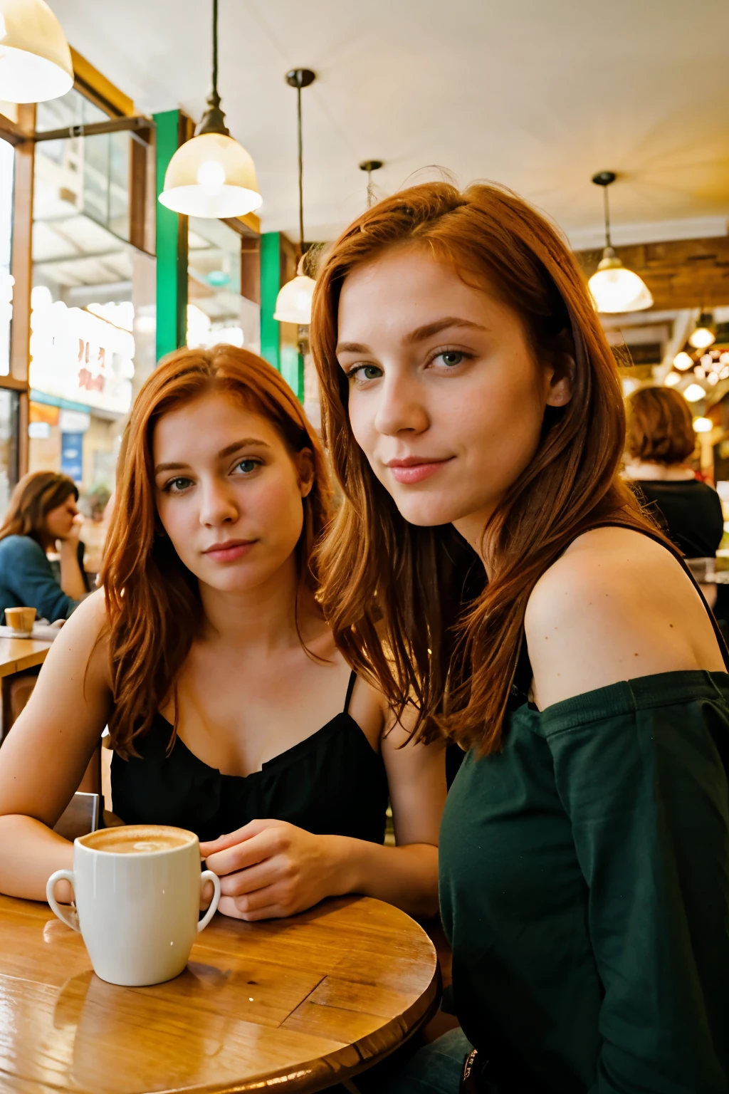 a green-eyed redhead with 2 girlfriends in a café, realistic, no text