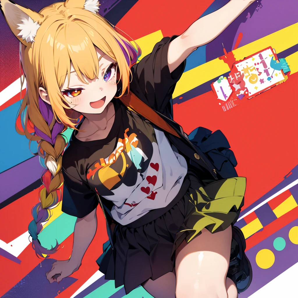(Halftone), (masterpiece), (best quality), (official art, extremely detailed CG unity 8k wallpaper), (perfect anatomy), (highly detailed), ((absurdness)), (best shadow), (perfect anatomy), (detailed background), (perfect eyes), sharp focus, simple background, splashed color, flashy colors, a anime girl with red and yellow color and blond hair, 1girl, solo, gyaru, one eye closed, red background, blonde hair, fox ears, tail, multicolored hair, bag, skirt, purple eyes, nail polish, cute hair clip, streaked hair, long hair, braid, shirt, hair ornament, fox tail, fox girl, smile, white shirt, shoes, open mouth, short sleeves, looking at viewer, pleated skirt, heart, COLORFULMIX, MULTICOLORED HAIR, WAVY HAIR, pop art style, colored eyelashes, yellow eyelashes, multicolored eyes, multicolored hair, glowing eyes, bright pupils,