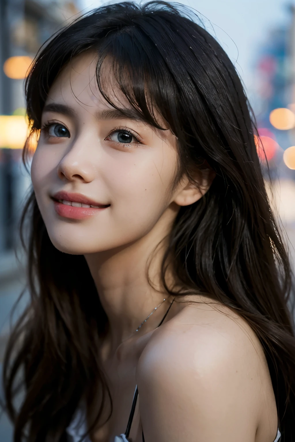 (best quality,4K,high resolution,masterpiece:1.4),Super detailed,Very detailed,sharp focus,surreal:1.4,professional, human development report,ultra high definition,bright colors,Bokeh,Beautiful and delicate eyes,Beautiful and delicate lips,long eyelashes,romantic atmosphere,soft light,Contrast light and shadow, Lighting effects,Lively and youthful,high nose bridge,Sexy,black hair,girl,smiling,Lovely,street background,亚洲girl