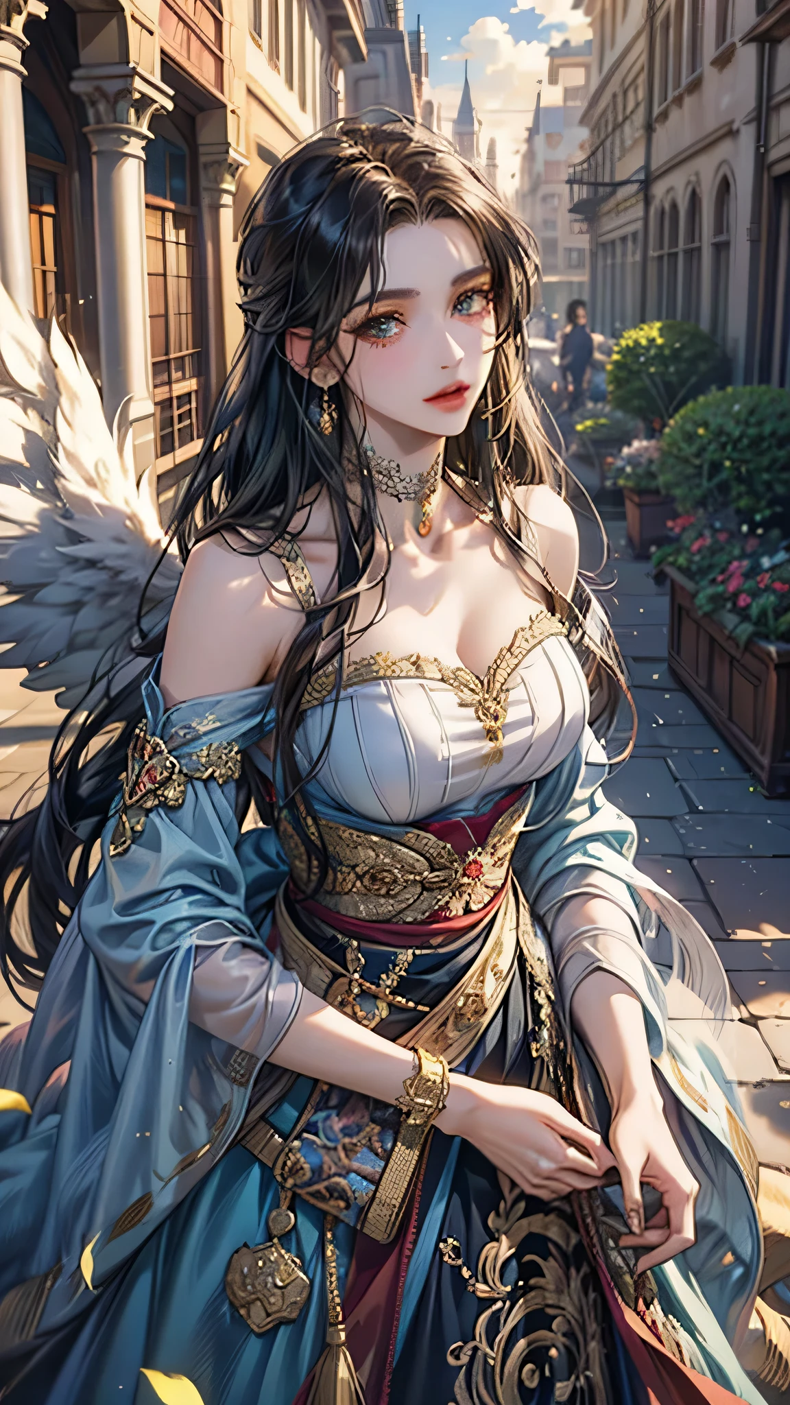 1girl, Extremely beautiful, amazing face and eyes, extremely detailed beautiful face, SLIGHTLY LONG CHIN), (best quality:1.4), Raw photo, (realistic, photo-realistic:1.4), 90s retro anime style, High above the clouds, there exists a magnificent floating city, held aloft by unseen magic. The princess of this city has wings like a bird, shimmering with iridescent feathers. She is known for her wisdom and kindness, governing her people with a gentle hand. Her elegant attire blends traditional royal garments with a design that allows her to soar through the skies. The city is a marvel of architecture, with buildings crafted from cloud-like materials and streets paved with gold, offering breathtaking views of the world below.