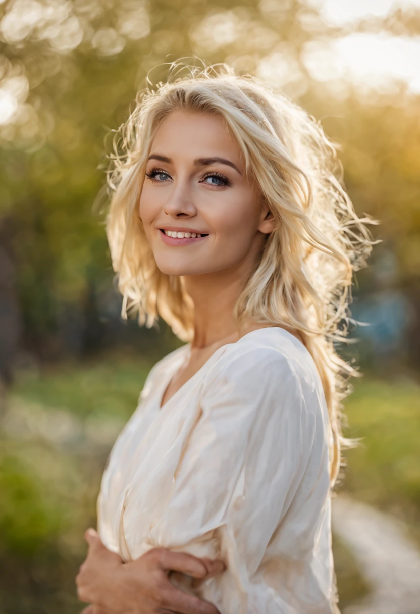 blonde girl,dignified,Look ahead,front Photo,Smile,panoramic