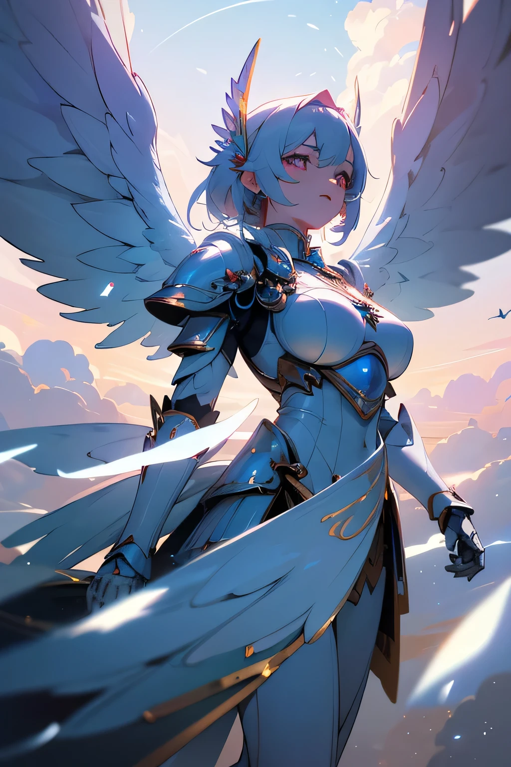 masterpiece, highly detailed CG unified 8K wallpapers, 8k uhd, dslr, high quality, clean, ((a goddess in a white mechanical armor with large wings, godly aura, magical, fly in the sky)), glowing eyes, cinematic lighting, ultra-high resolution, ultra-high detailed, high-definition,