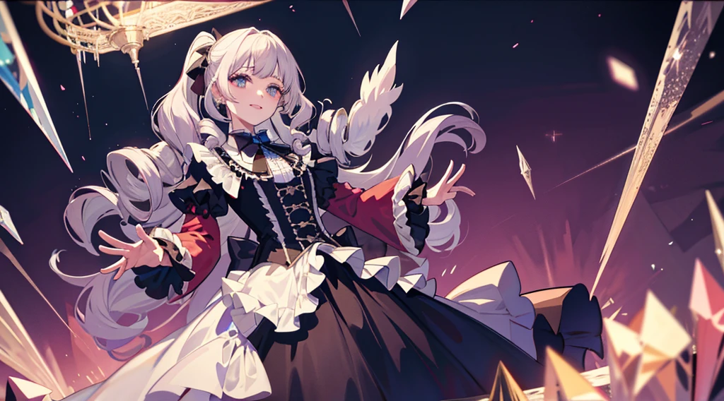 dramatic composition, coat style dress, royal, nice, カスケードfrills, frills, bow, crystal chandelier, roman curly hairstyle, ponette, double ponytail like a drill, look at the camera, bangs, maximalism, palace background, Delicate depiction of hair and eyes, princess dress, nice skirts, flowers in hand, smile, Eyes like the starry sky, cinematic light, extreme detail, High resolution, happy girl, very long hair, diamond, broken diamond, crystal shards, particles of light