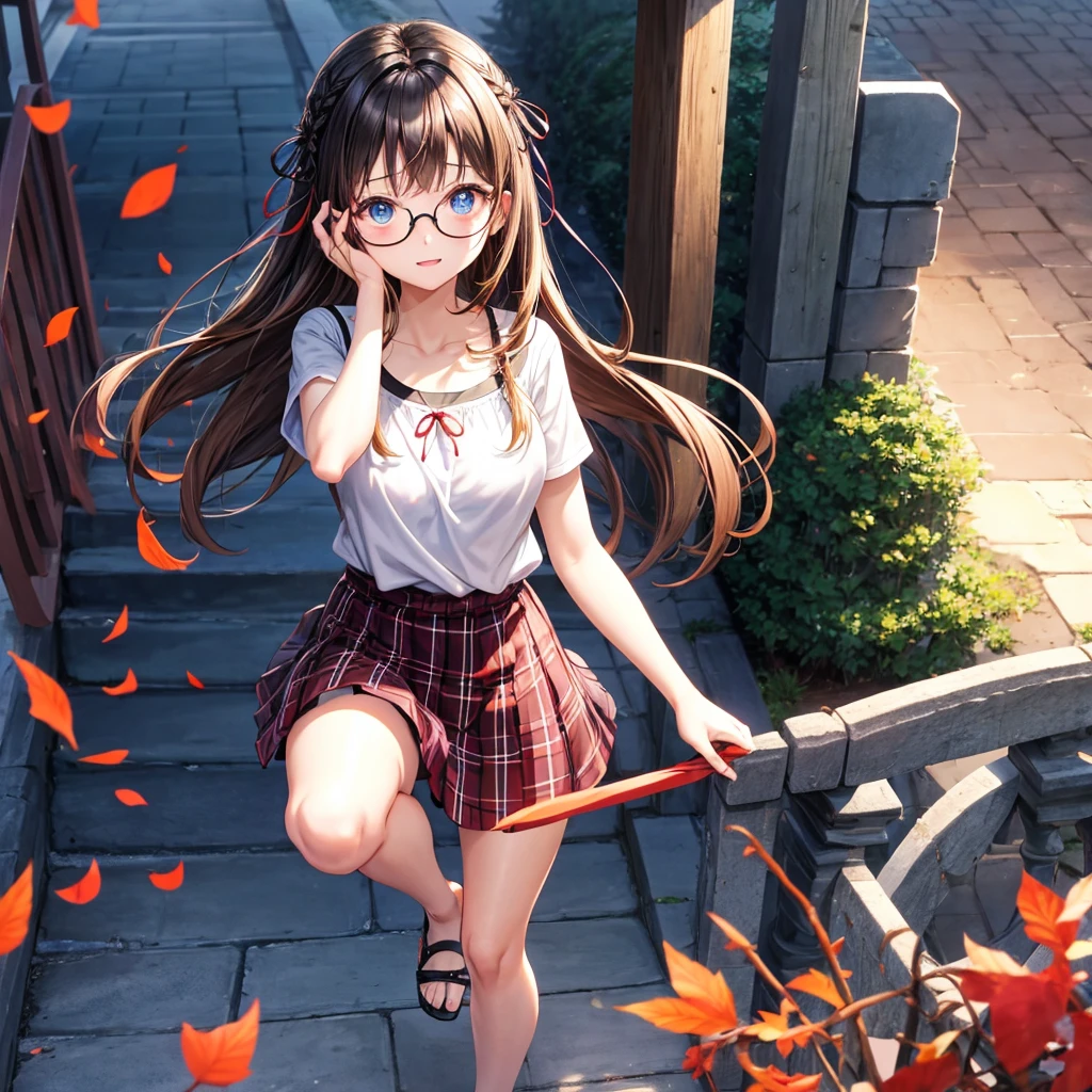 black brown hair、Red-blonde、blue eyes、Braid、one good looking girl、solo、anime、Plaid miniskirt、camisole、black t-shirt、Tilting your face、Doing the ribbon、Ribbon at waist、sunset sky、stone stairs、petal、tunnel、Fallen leaves、wearing glasses、、Riding a bicycle、Burning、Have an insect net、Light and shadow、maze