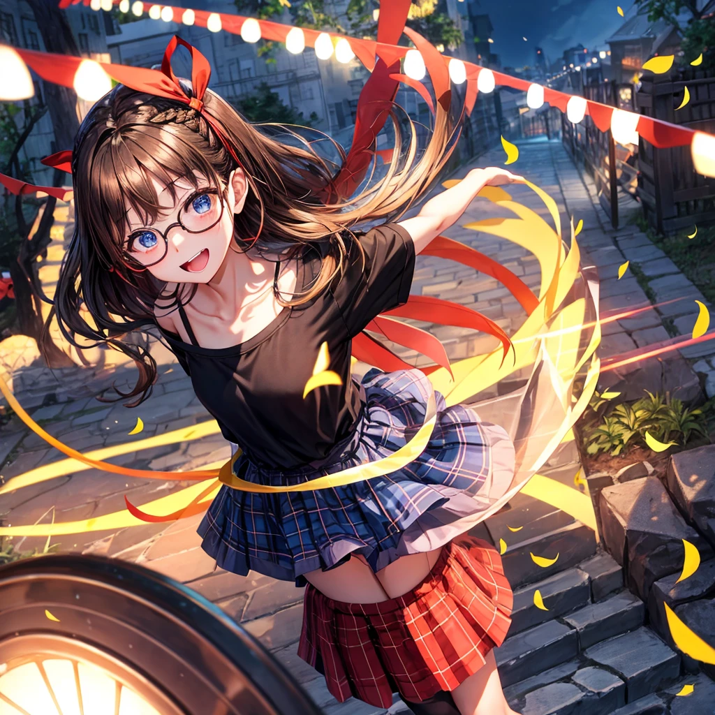 black brown hair、Red-blonde、blue eyes、Braid、one good looking girl、solo、anime、Plaid miniskirt、camisole、black t-shirt、Tilting your face、Doing the ribbon、Ribbon at waist、sunset sky、stone stairs、petal、tunnel、Fallen leaves、wearing glasses、、Riding a bicycle、Burning、Have an insect net、Light and shadow、maze
