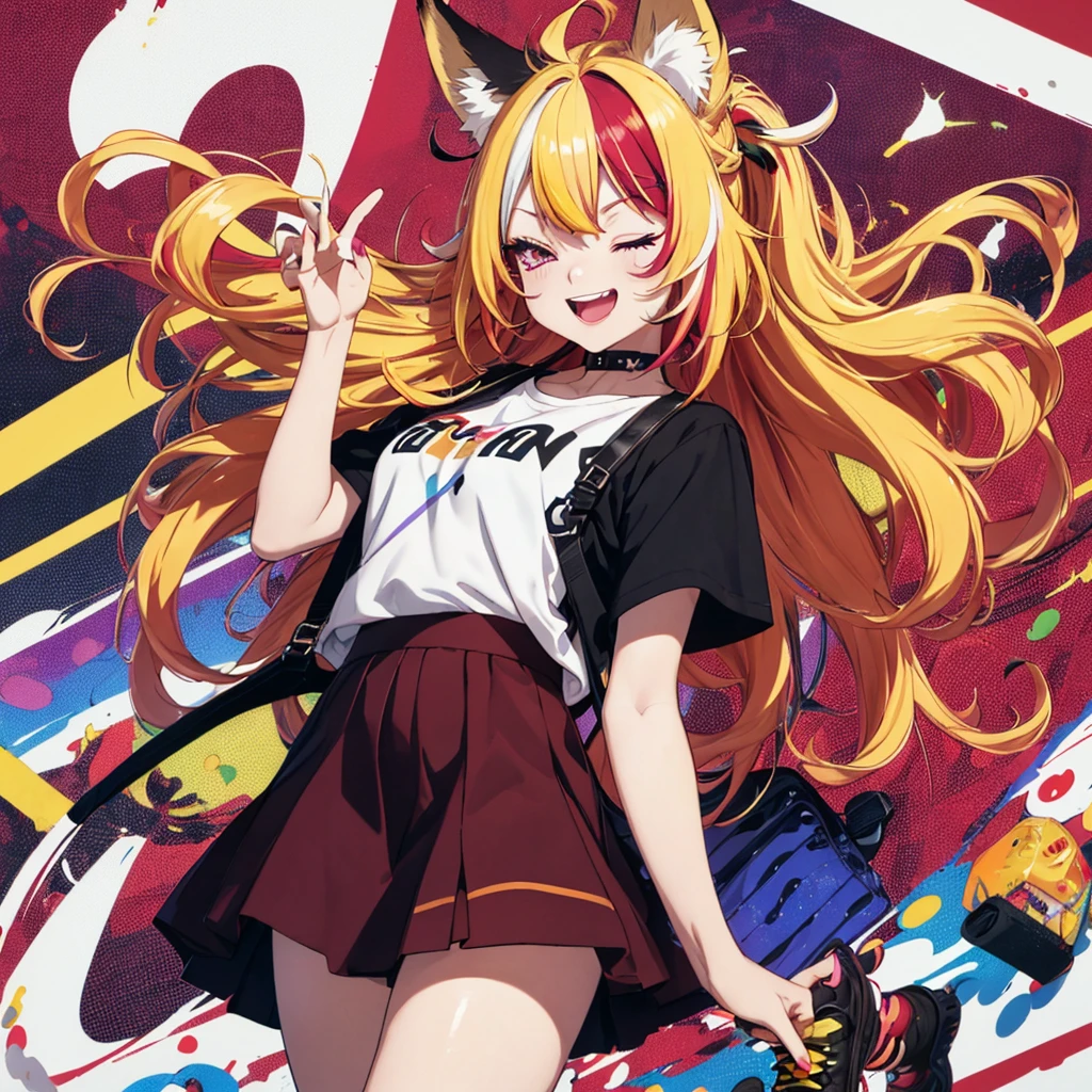 (Halftone), (masterpiece), (best quality), (official art, extremely detailed CG unity 8k wallpaper), (perfect anatomy), (highly detailed), ((absurdness)), (best shadow), (perfect anatomy), (detailed background), (perfect eyes), sharp focus, simple background, splashed color, flashy colors, a anime girl with red and yellow color and blond hair, 1girl, solo, gyaru, one eye closed, red background, blonde hair, fox ears, tail, multicolored hair, bag, skirt, purple eyes, nail polish, cute hair clip, streaked hair, long hair, braid, shirt, hair ornament, fox tail, fox girl, smile, white shirt, shoes, open mouth, short sleeves, looking at viewer, pleated skirt, heart, COLORFULMIX, MULTICOLORED HAIR, WAVY HAIR, pop art style, colored eyelashes, yellow eyelashes, multicolored eyes, multicolored hair, glowing eyes, bright pupils,