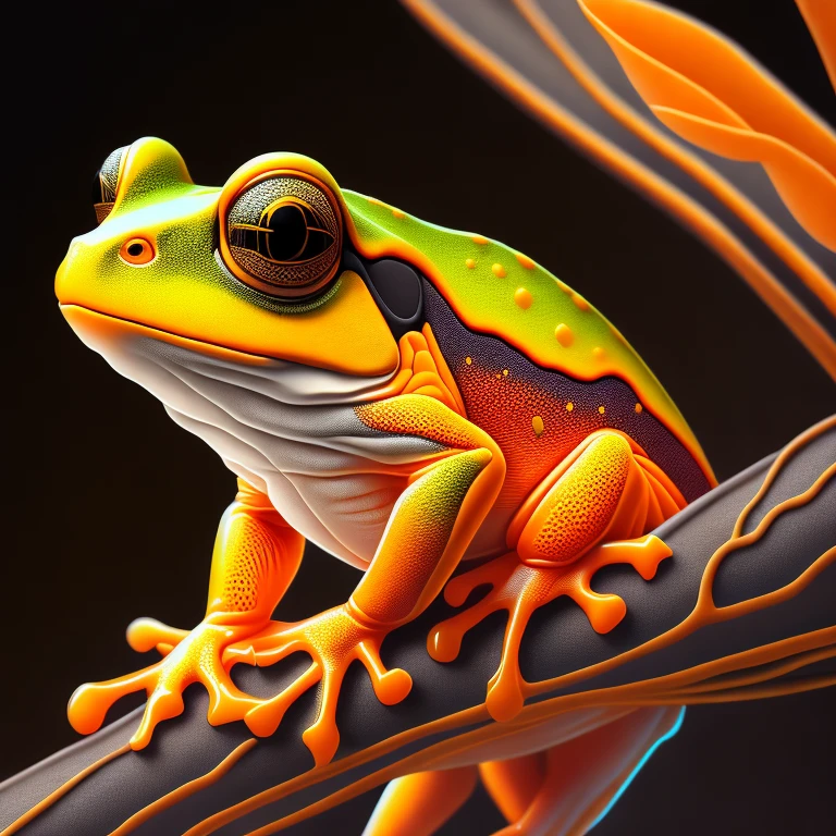 intricate and colorful, (digital painting:1.2) orange tree frog, bright neon skin, wet, portrait, concept art, octane render, trending on artstation, neon-noir background, iolibt, vfx, Blender and Photoshop, octane render, excellent composition, cinematic atmosphere, dynamic dramatic cinematic lighting, aesthetic, very inspirational, arthouse,(dark plain black background:1.4))