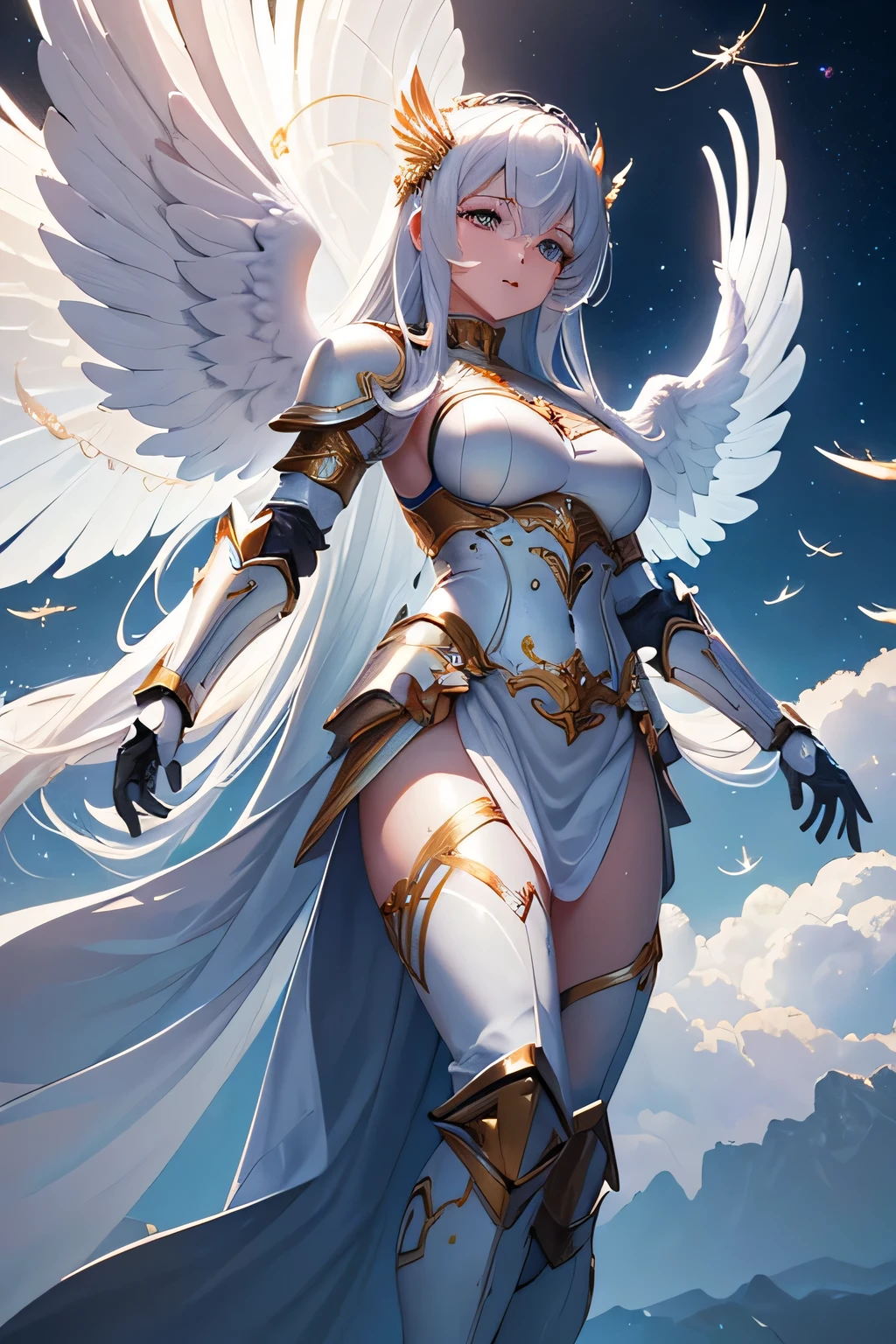 masterpiece, highly detailed CG unified 8K wallpapers, 8k uhd, dslr, high quality, clean, ((a goddess in a white mechanical armor with large wings, godly aura, magical, fly in the sky)), glowing eyes, cinematic lighting, ultra-high resolution, ultra-high detailed, high-definition,