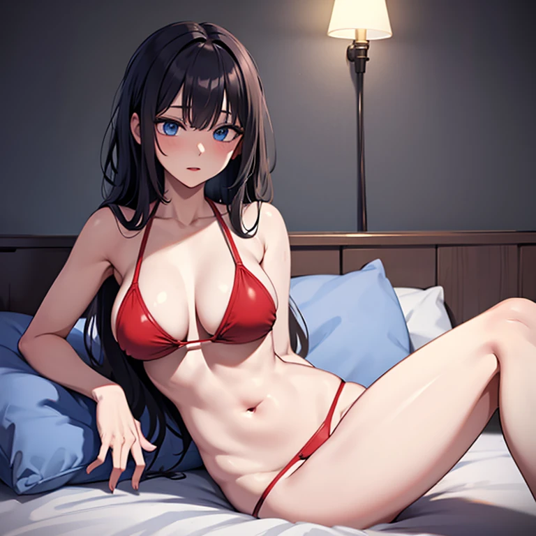 Black hair, blue eyes, large breast, sexy, beautiful body, (red bikini), bed