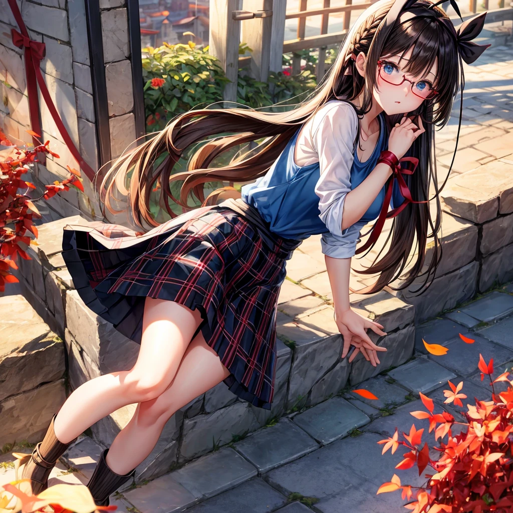 black brown hair、Red-blonde、blue eyes、Braid、one good looking girl、solo、anime、Plaid miniskirt、camisole、black t-shirt、Tilting your face、Doing the ribbon、Ribbon at waist、sunset sky、stone stairs、petal、tunnel、Fallen leaves、wearing glasses、、Riding a bicycle、Burning、Have an insect net、Light and shadow、maze