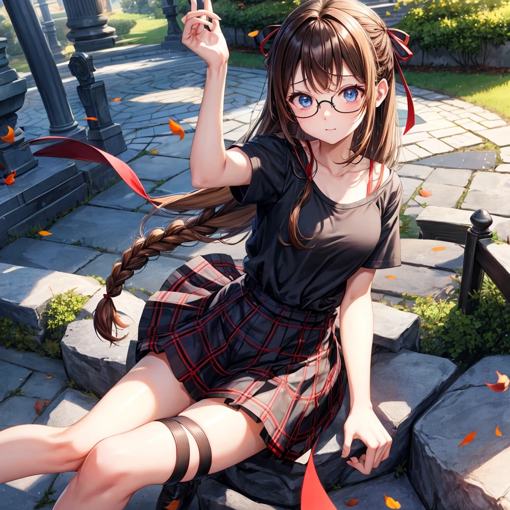 black brown hair、Red-blonde、blue eyes、Braid、one good looking girl、solo、anime、Plaid miniskirt、camisole、black t-shirt、Tilting your face、Doing the ribbon、Ribbon at waist、sunset sky、stone stairs、petal、tunnel、Fallen leaves、wearing glasses、、Riding a bicycle、Burning、Have an insect net、Light and shadow、maze