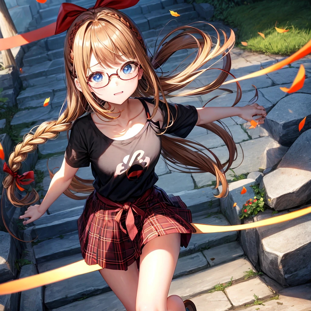 black brown hair、Red-blonde、blue eyes、Braid、one good looking girl、solo、anime、Plaid miniskirt、camisole、black t-shirt、Tilting your face、Doing the ribbon、Ribbon at waist、sunset sky、stone stairs、petal、tunnel、Fallen leaves、wearing glasses、、Riding a bicycle、Burning、Have an insect net、Light and shadow、maze