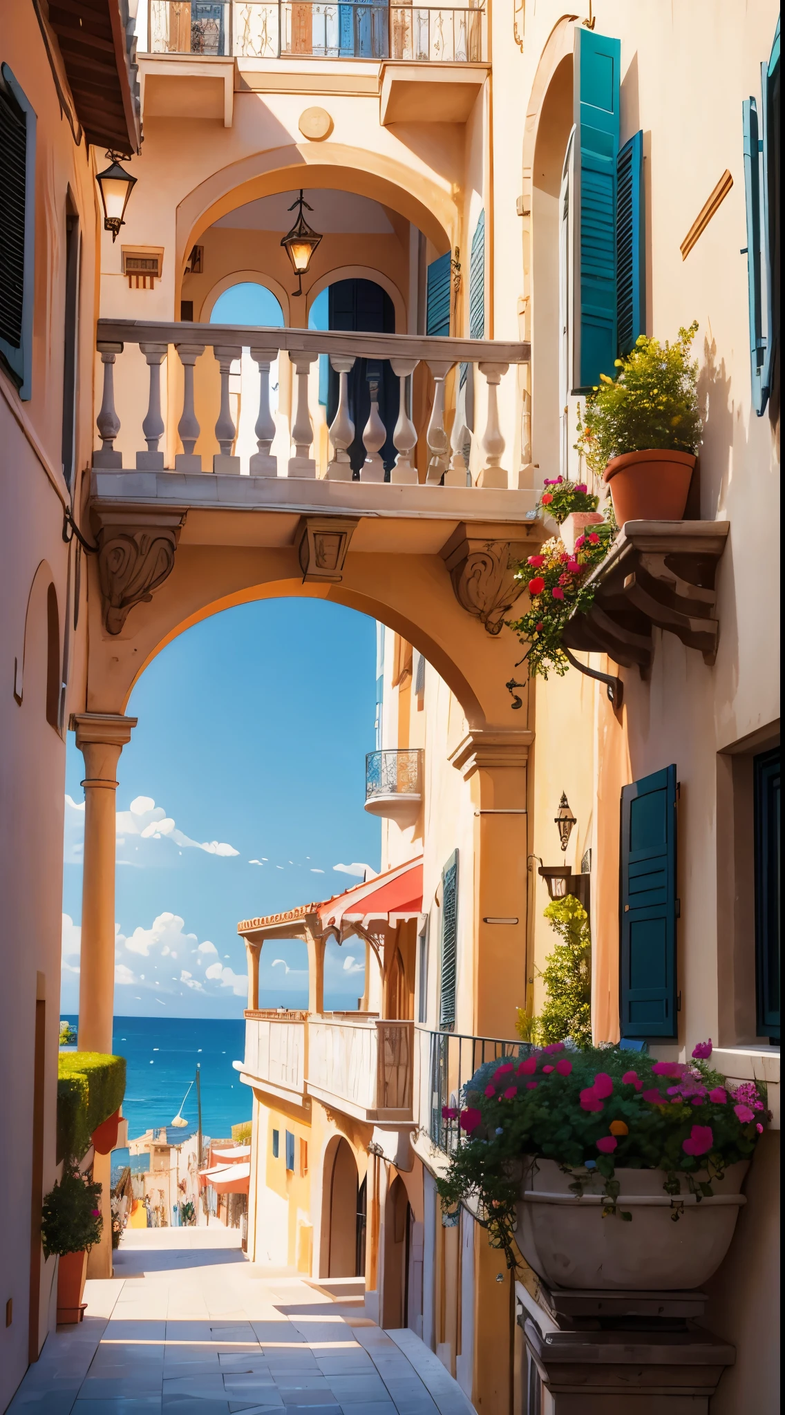 Mediterranean breakfast on a balcony in Saint Tropez. Food photography, wide lens, Straight lines, forks and spoons correct design, balcony railings structurally correct, anime, ghibli, 8k, 16k, ultra-detailed, ultra sharp, structurally correct, vivid, flawless