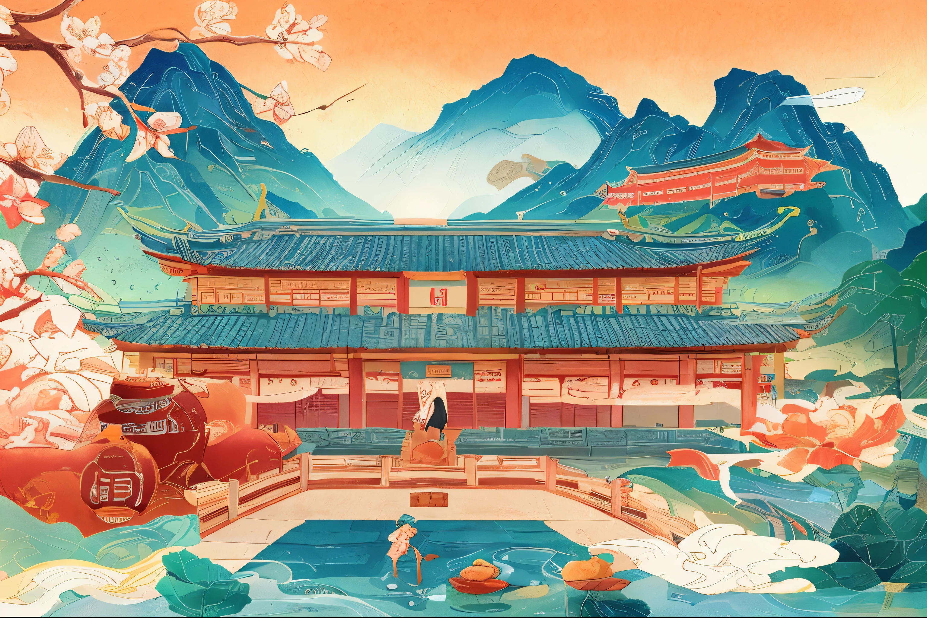 Dragon painting in front of building with mountains as background, Chinese watercolor style, Chinese dragon concept art, Chinese painting style, Chinese fantasy, Chinese style painting, Chinese traditional watercolor painting, Chinese heritage, Chinese traditional art, Chinese art style, Chinese Dream, author:Yang Jie, by Li Zai, Chinese dragon, Chinese style, Japanese traditional concept art