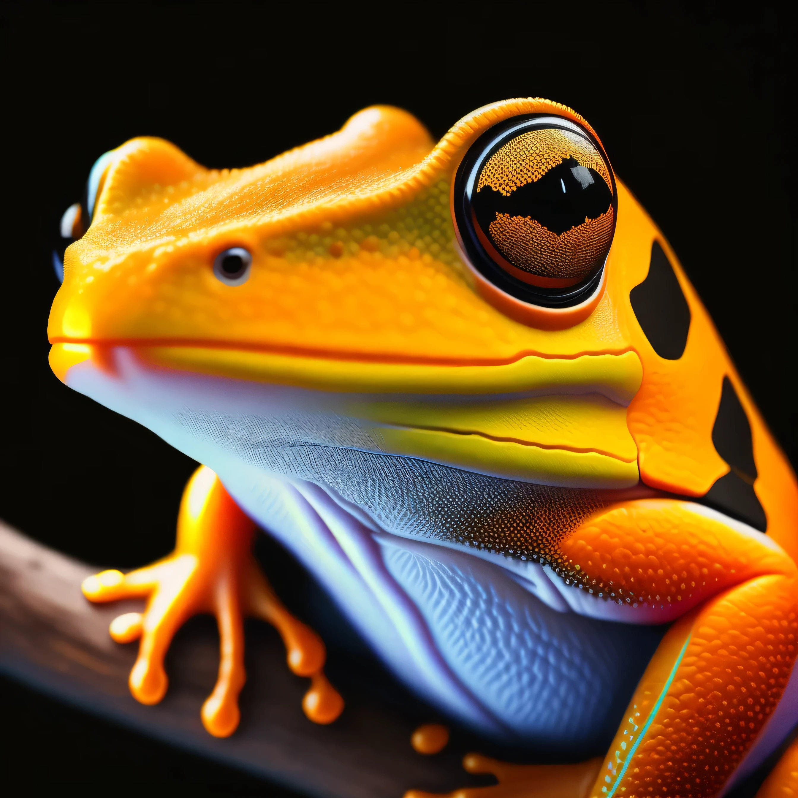 intricate and colorful, (digital painting:1.2) orange tree frog, bright neon skin, wet, portrait, concept art, octane render, trending on artstation, neon-noir background, iolibt, vfx, Blender and Photoshop, octane render, excellent composition, cinematic atmosphere, dynamic dramatic cinematic lighting, aesthetic, very inspirational, arthouse,(dark plain black background:1.4))