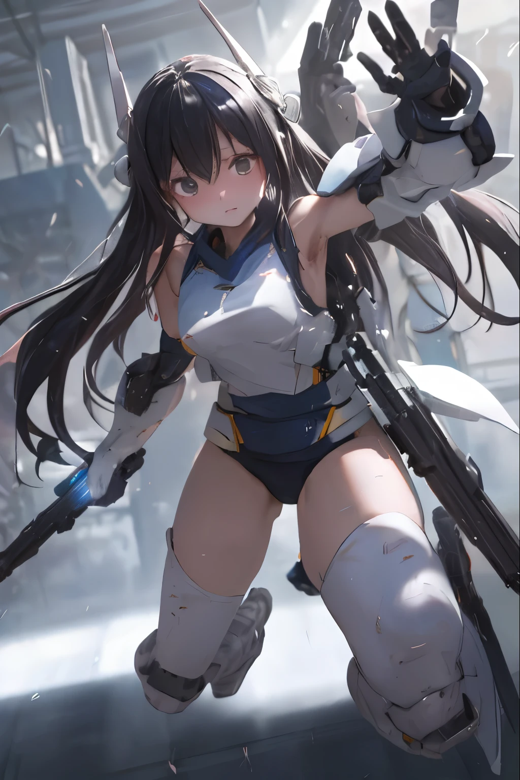 (highest quality)), ((masterpiece)), (very detailed: 1.3), 3D,  {(1 young girl)}, (wear navy buruma and white gym uniform with colored hem under armor:1.2), (black hair:1.5), wears a futuristic Gundam mecha,(heavy armored Gundam), with headgear, with v-fin , armored shoulders,armored under arms, armored under legs, multilayer textureperfect proportions, octane rendering, duotone lighting, Low ISO, wide aperture, White balance, Rule of thirds, ultra HD16k, HDR (High Dynamic Range), Ray Tracing, NVIDIA RTX, Super Resolution, Subsurface Scattering, PBR Texturing, Post Processing, Anisotropic Filtering, Depth of Field, Maximum Clarity and Clarity, High efficiency subpixel, subpixel convolution, particles of light, light scattered, Tyndall effect, full body:1.5, battle pose, cute, (cute:1.2), (long hair:1.3),太い眉毛, 薄い色の虹彩, 大きくて輝いている黒い瞳, 長いまつげ, 小さく薄い色の自然な唇, (Average face of Japanese idols), (日本人特有の童顔:1.3), (baby face), 広いおでこ:1.2, ふっくらした頬, 小さな顎, attached 2 huge weapons on back, in the hangar,looking at viewer,Focus on the eyes 
