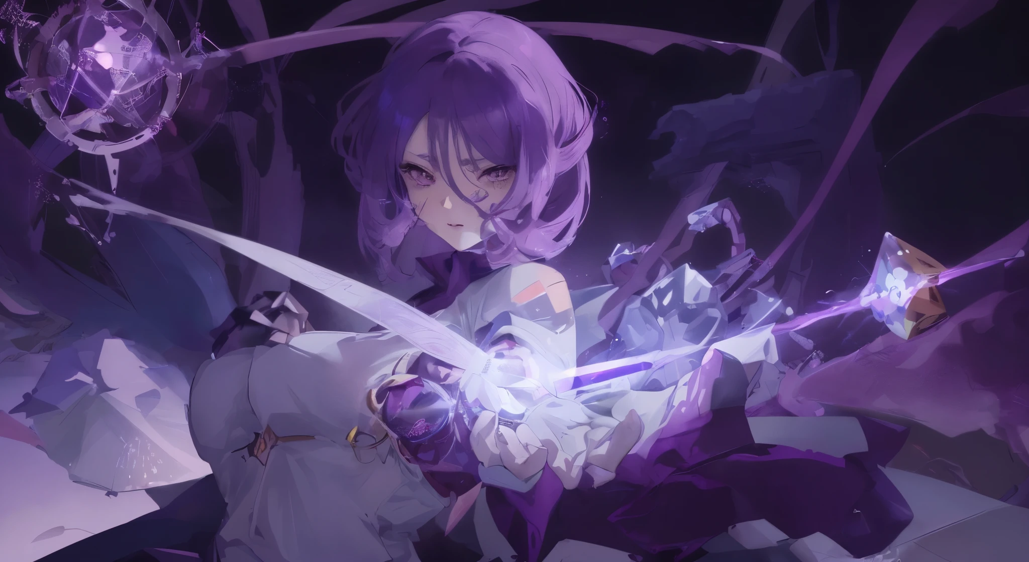 Anime girl with purple hair and white dress holding crystal ball, Satya from Overlord, Satir Bloody One, Detailed digital animation art, 4k anime wallpaper, Ayakashi original god impact, portrait of female mage, anime art wallpaper 4k, anime art wallpaper 4k, Badass anime 8k, anime epic artwork, shadow poetry style