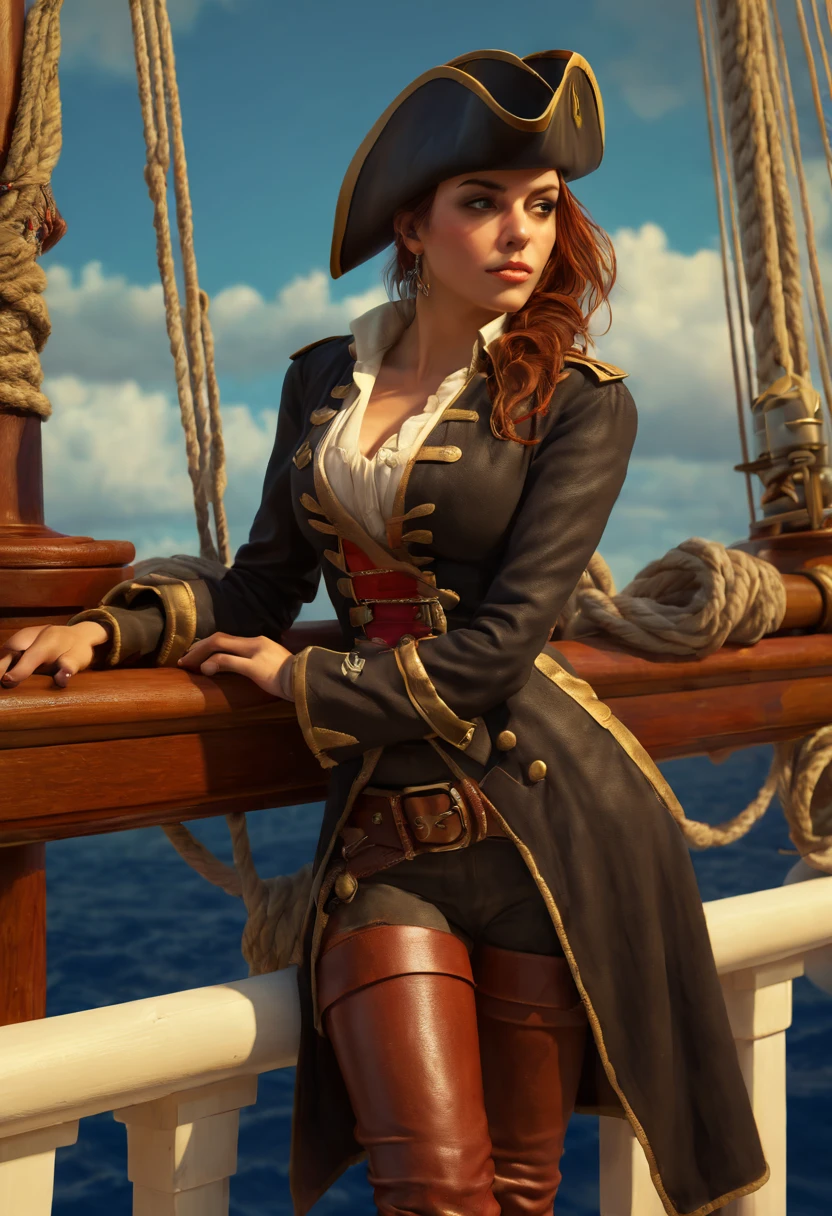 a fantasy female pirate captain Leaning on the ship railing, hat, by rhads, best quality, masterpiece, 8k