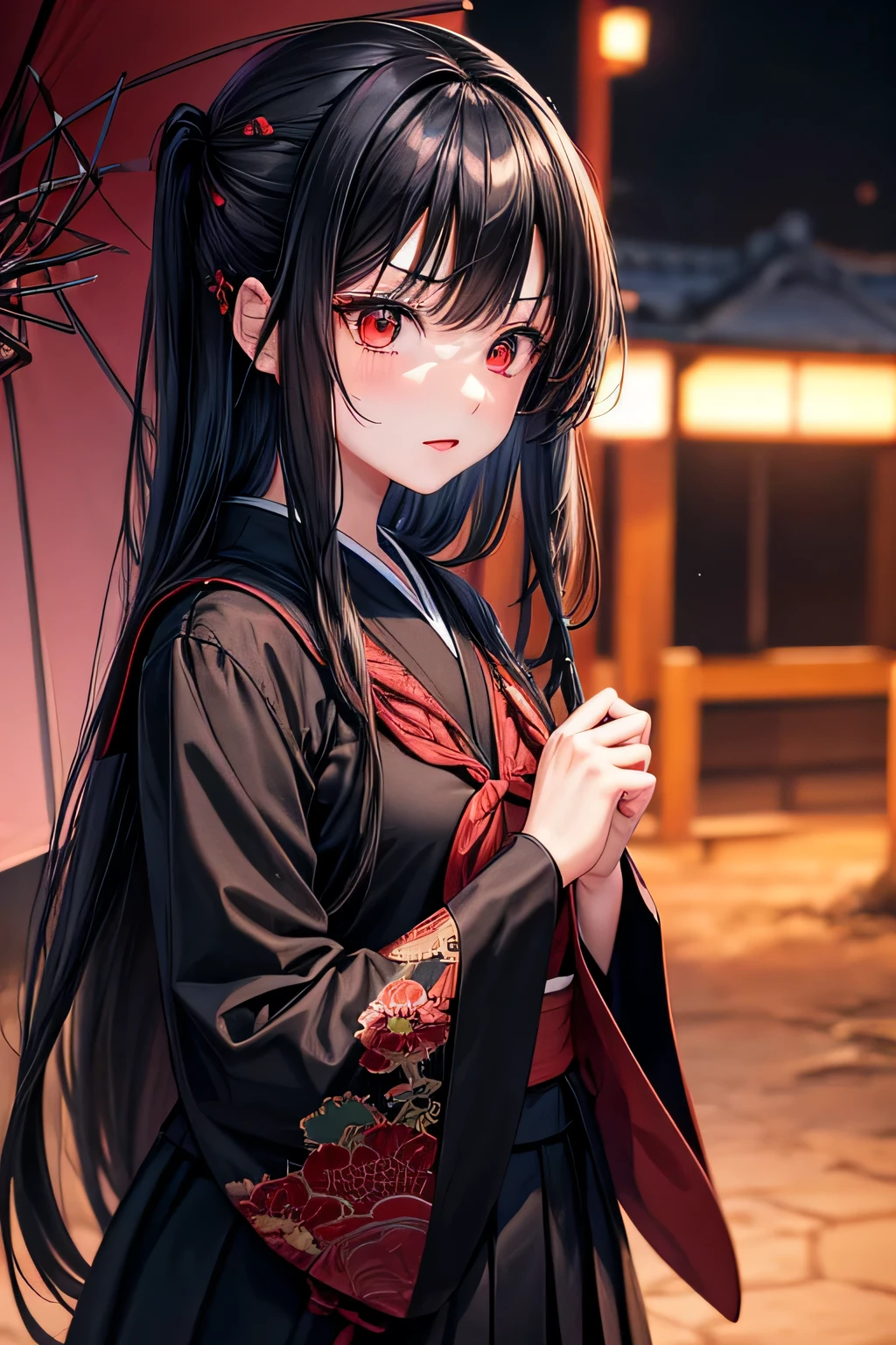 One girl, Red eyes, High-resolution model, Twin tails, Black Hair,yukata,night,nightの雨,Black mask on face,An evil look,