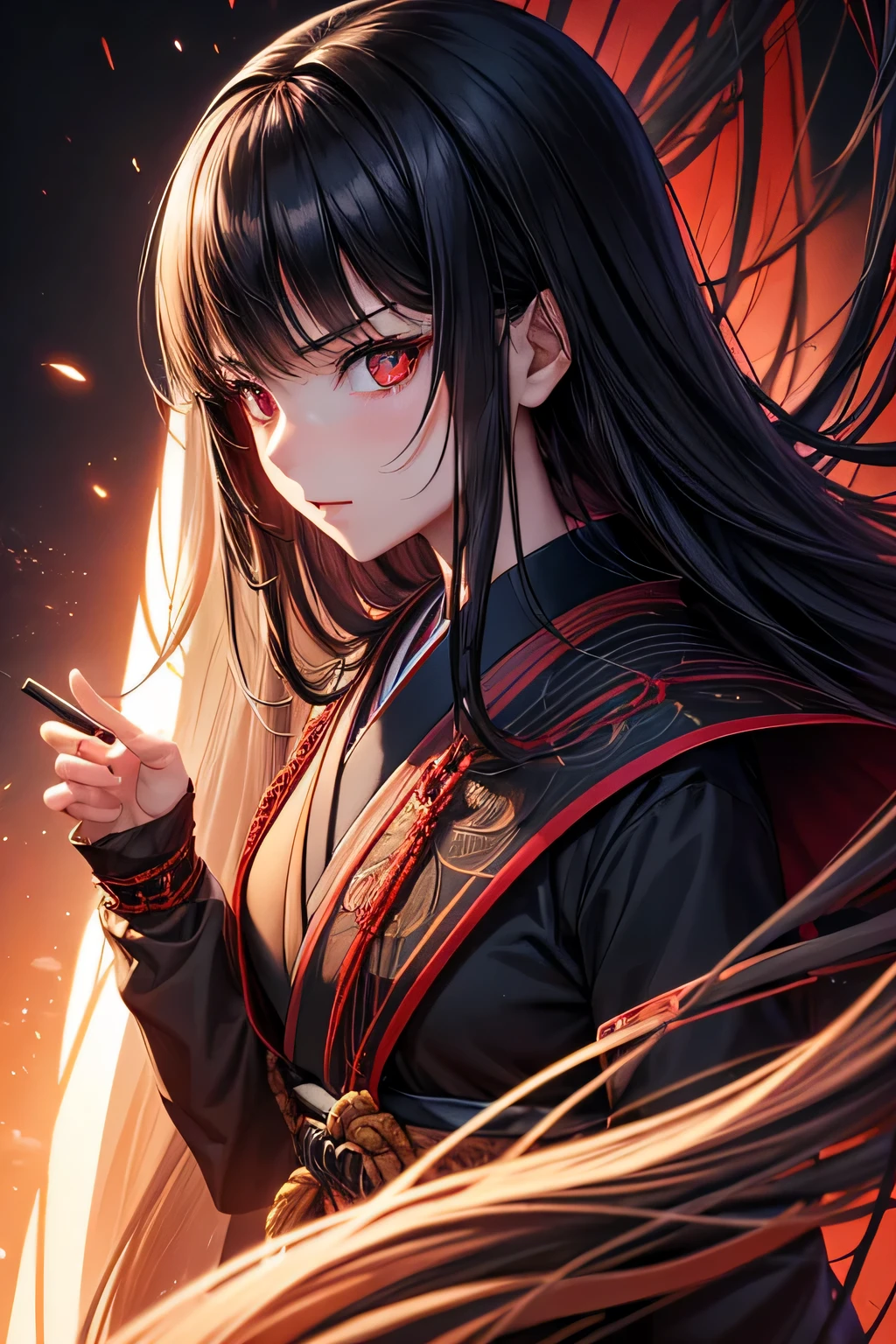 1girl, japanese schoolgirl, she has straight long black hair, red eyes and and evil determined look. She wears a black and red modern japanese school uniform and a long black coat. vibrant appearance, creative behavior, imaginative, , spontaneous, , highest quality, skin texture, intricate details, (cinematic lighting), RAW photo, 8k, masterpiece,best quality,ultra-detailed,very detailed illustrations,extremely detailed,intricate details,highres,super complex details,extremely detailed 8k cg wallpaper