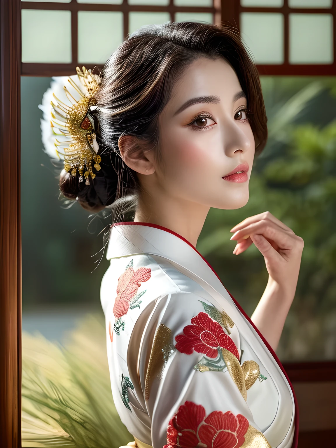 (Beautiful model in Japanese kimono commercial, beautiful straight long black hair), alone, ((face is 80% beauty and elegance, 20% pretty and cute:1.5)), clear eyes, (fine eyes, light green eyes, bright pupils), double eyelid, (Slightly thick and sexy lips:1.2), ((Super detailed and incredibly high resolution Deep-white Kimono:1.2)), Highly detailed facial texture, impressive body shape, curvaceous and very attractive woman, High resolution RAW color photography professional photography, break ultra high-resolution textures, High resolution body rendering, Big eyes, an unparalleled masterpiece, incredible high resolution, Super detailed, stunning ceramic skin, break ((Turn around to show the pattern of the kimono:1.5)), ((She wears a white kimono with plenty of glittering gold embroidery of a rising dragon.。:1.5)), ((The embroidery of the rising dragon on the white kimono is very dazzling.:1.2)), (A carefully crafted sensual Japanese kimono), ((The embroidery pattern is a dragon rising to the sky.):1.2), ((White kimono with elaborate and elegant decorations)), (Photographed in front of the round sliding sliding window in a Japanese-style room)), break ((highest quality, 8K)), sharp focus:1.2, (layer cut, big:1.2), (beautiful woman with perfect figure:1.4), (Beautiful and elegant rear view:1.3), thin waist, (correct hand shape:1.5), (full body shot | cowboy shot)