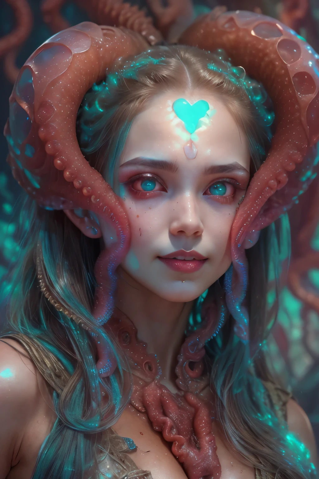 scary and sexy detailed art in color, Portrait, (beautiful and obscene female alien:1.4), (vulgarity1.5), (she has glowing red eyes with no pupils:1.8), (Translucent skin:1.7), ((There is a female genital-like organ in the middle of the forehead:1.9)), (The most beautiful face in the history of the universe:1.2),an evil gaze that seduces, (large mouth:1.1), (sharp teeth like a vampire:1.2), Full body portrait, (bio luminescent:1.5), (Smile wickedly:1.3), (sexypose:1.5), incredibly beautiful matured alien, (she has unparalleled beauty:1.5), No humans, cells are fused, (Lots of translucent tentacles:1.6) extraterrestrial, cell, bio image, best quality, 8K,In 4K_quality, High freshness, Dramatic Lighting, masterpiece:1.5, cinematic quality, detail up, (exquisite details:1.2), high resolution, High freshness, drawing faithfully, (Thick eyebrows:1.2), Beautiful eyes with fine symmetry, (Highly detailed face and eyes:1.2), (Super detailed skin quality feeling:1.1), perfect anatomy, (Beautiful toned body:1.5), (Moist skin:1.2), not wearing makeup, (dark circles:1.1), long canines, cinematic drawing of characters, ultra high quality model, cinematic quality, detail up, (exquisite details:1.2), high resolution, High freshness, drawing faithfully, official art, Unity 8K Wall , 8K Portrait, best quality, Very high resolution, ultra detailed artistic photography, midnight aura, unreal engine 5, Ultra Sharp Focus, art by Amano Yoshitaka, ArtGerm, Roisch, intricate artwork, best quality, masterpiece, ultra high resolution, (photos realistic:1.4), ultra realistic realism, dream-like, nautilus, Creation of fantasy, Dream Snail, (biopunk nautilus:1.3),Thrilling color schemes, ultra realistic realism, seductively smiling, (white tentacles with stripes:1.2), subtle emerald green accents, (expression of ecstasy:1.6) , in the dark, she has snake-like eyes